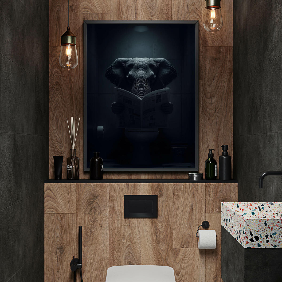 POSTER für WC Badezimmer ELEFANT mit Zeitung Abstraktion 30x40cm - Schwarz/Grau, Papier (30/40/40cm) - Muralo