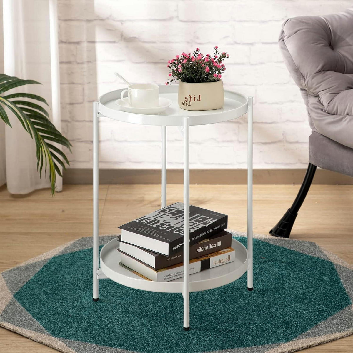 BEISTELLTISCH Rund Metall 2 Ebenen Weiß 37 x 48.5 cm - Weiß, Metall (37/37/50cm)
