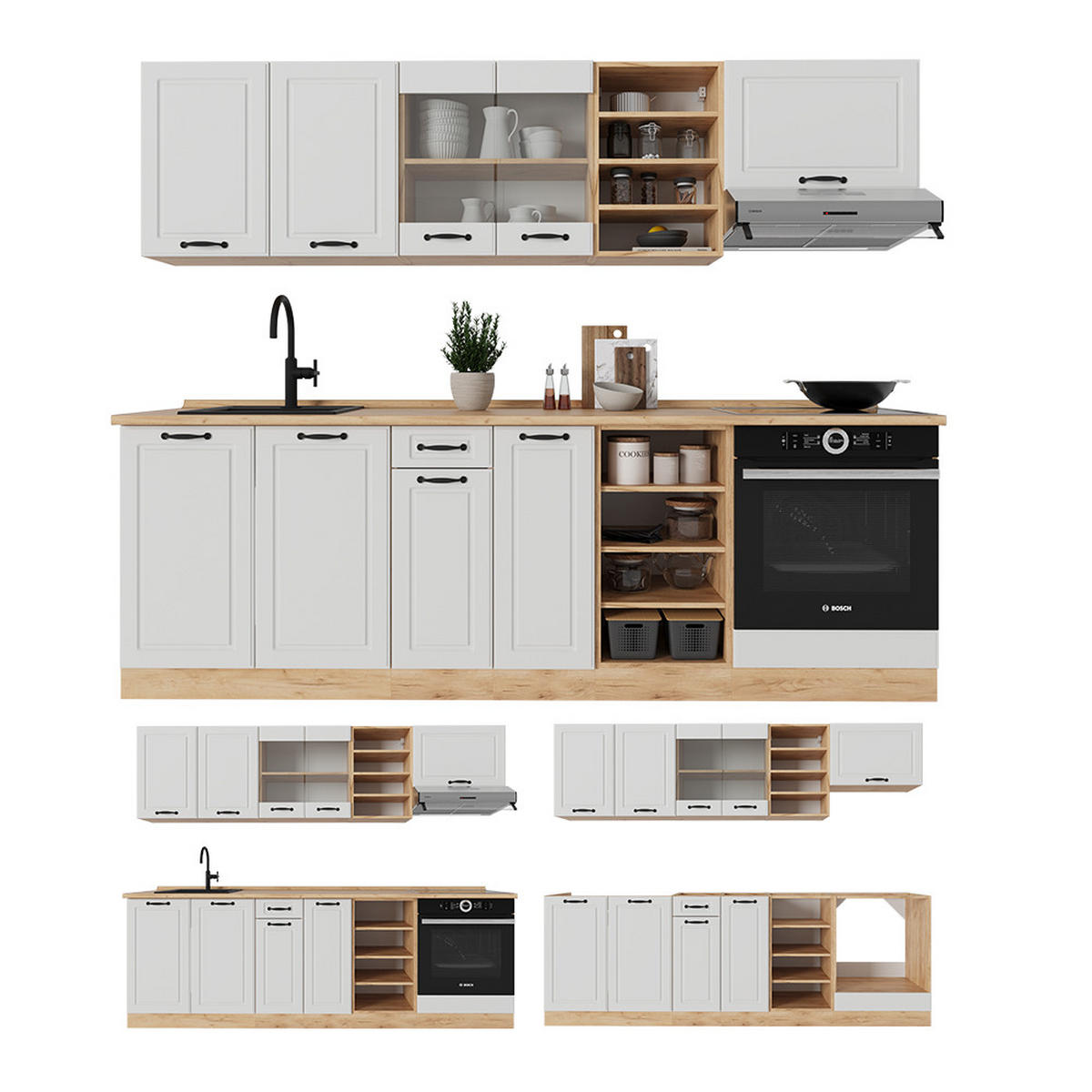 KÜCHENZEILE R-Line Weiß Landhaus/Goldkraft Eiche 240 cm , AP Marmor - Eiche Wotan/Creme, Holzwerkstoff (240/81.6/60cm) - Vicco