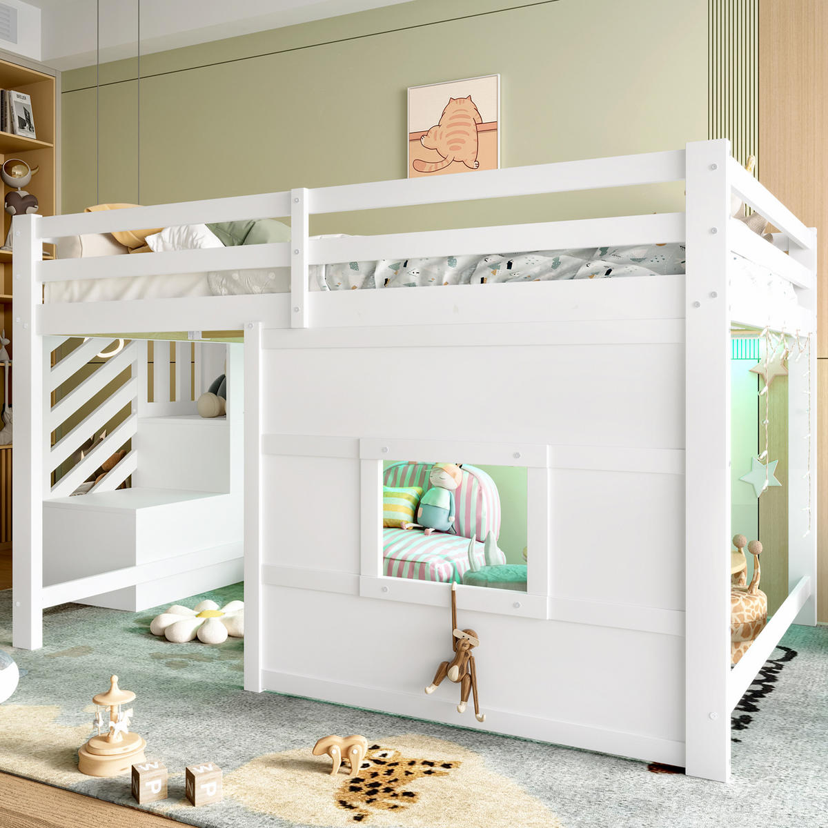 HOCHBETT aus Kiefer, MDF und Sperrholz 140x200 cm Weiß mit Stauraumtreppe, Fenster und LED-Beleuchtung - Weiß, Holzwerkstoff (90/200cm) - Modfu