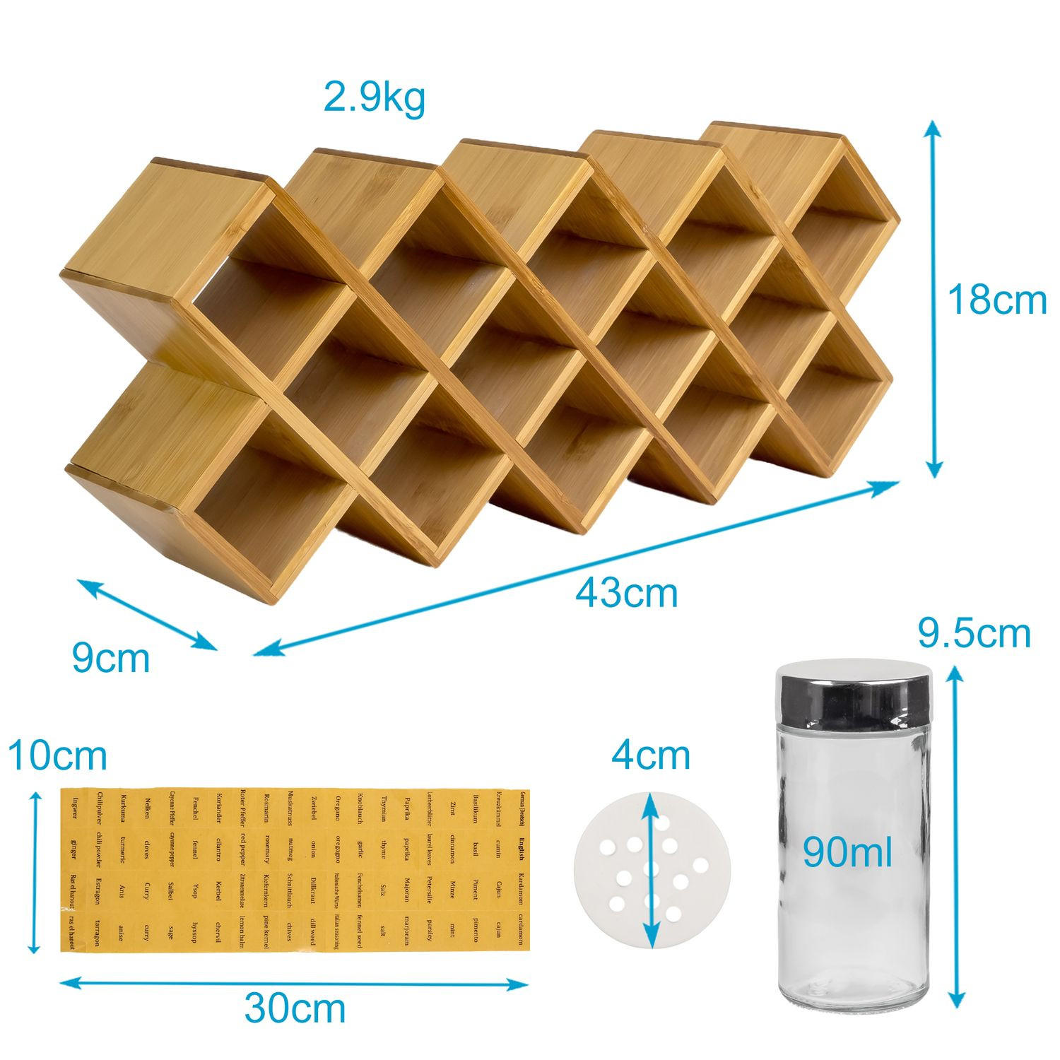 GEWÜRZREGAL Set mit 18 Gewürzgläsern und Beschriftungsetiketten - Braun, Naturmaterialien (9.5/11.5/45cm) - Intirilife