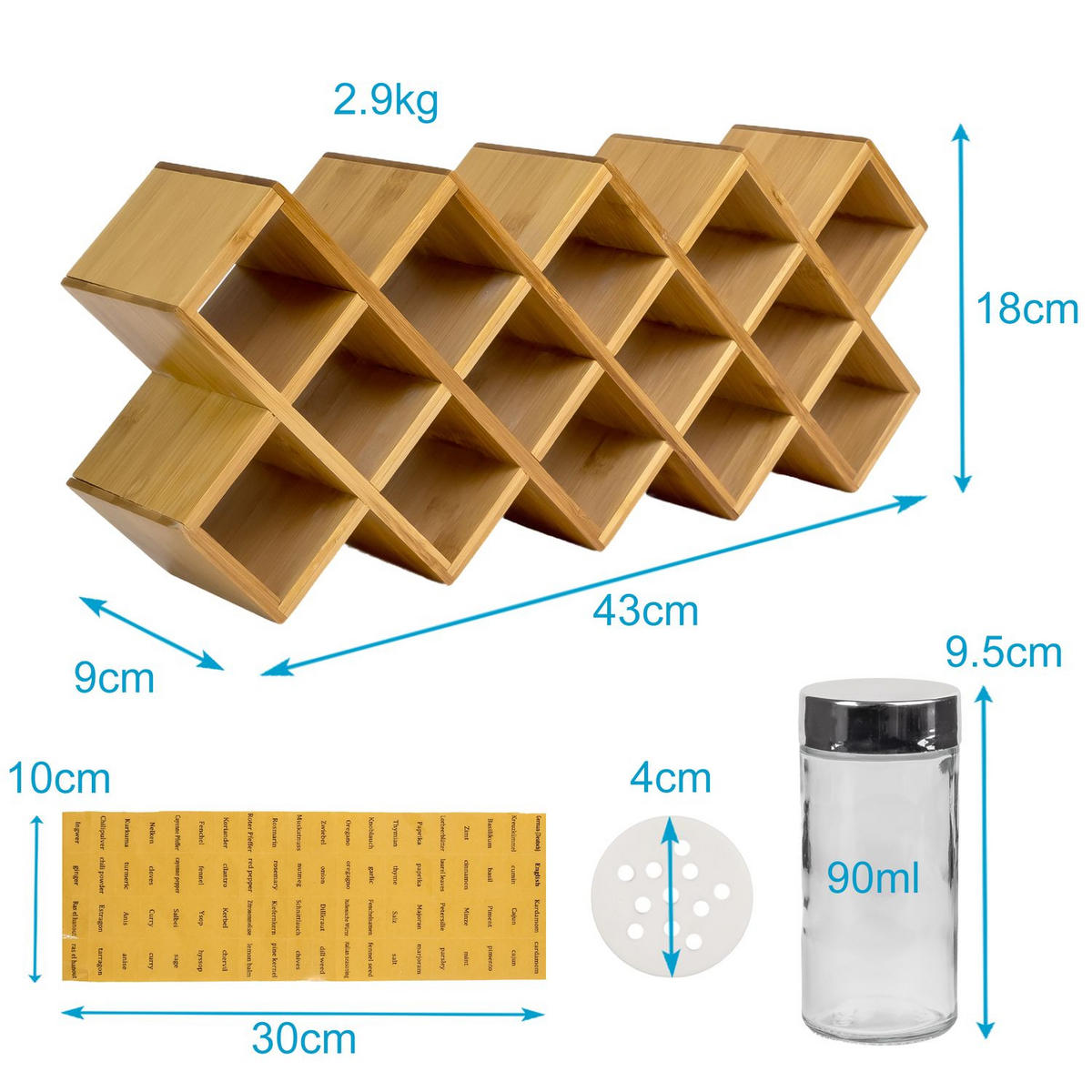 GEWÜRZREGAL Set mit 18 Gewürzgläsern und Beschriftungsetiketten - Braun, Naturmaterialien (9.5/11.5/45cm) - Intirilife