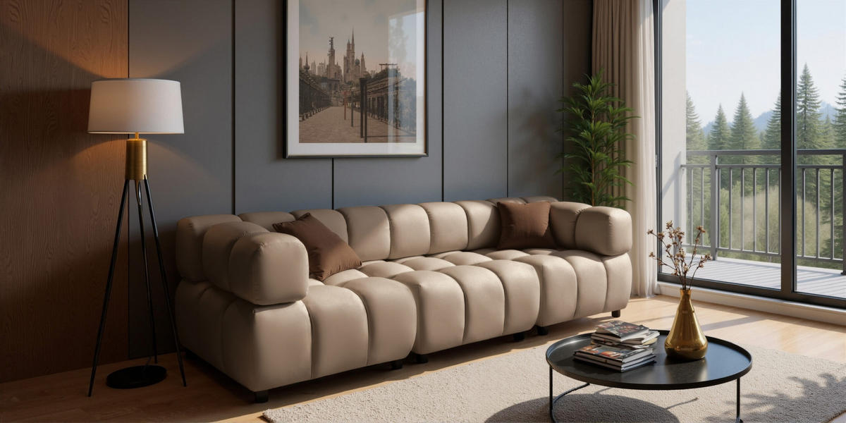 SOFA 4-Sitzer Modular, Couch, Veloursstoff Bluvel, Latte, Bolla - Hellbraun, Holz (192/71/96cm) - Kaiser Möbel