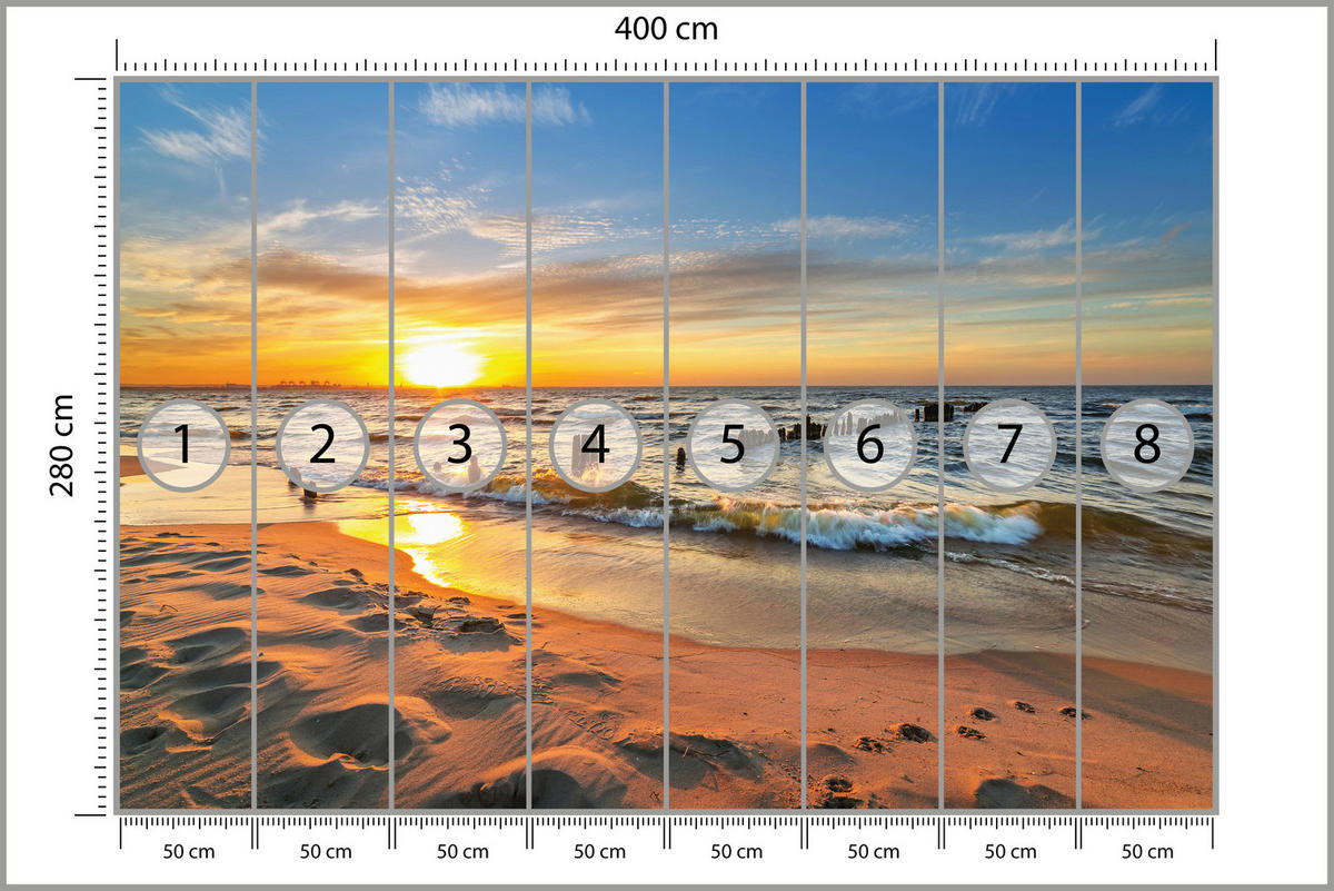 FOTOTAPETE für Schlafzimmer Sonnenuntergang Meer Landschaft Strand 400x280 - Beige/Orange, Papier (400/280cm) - Muralo