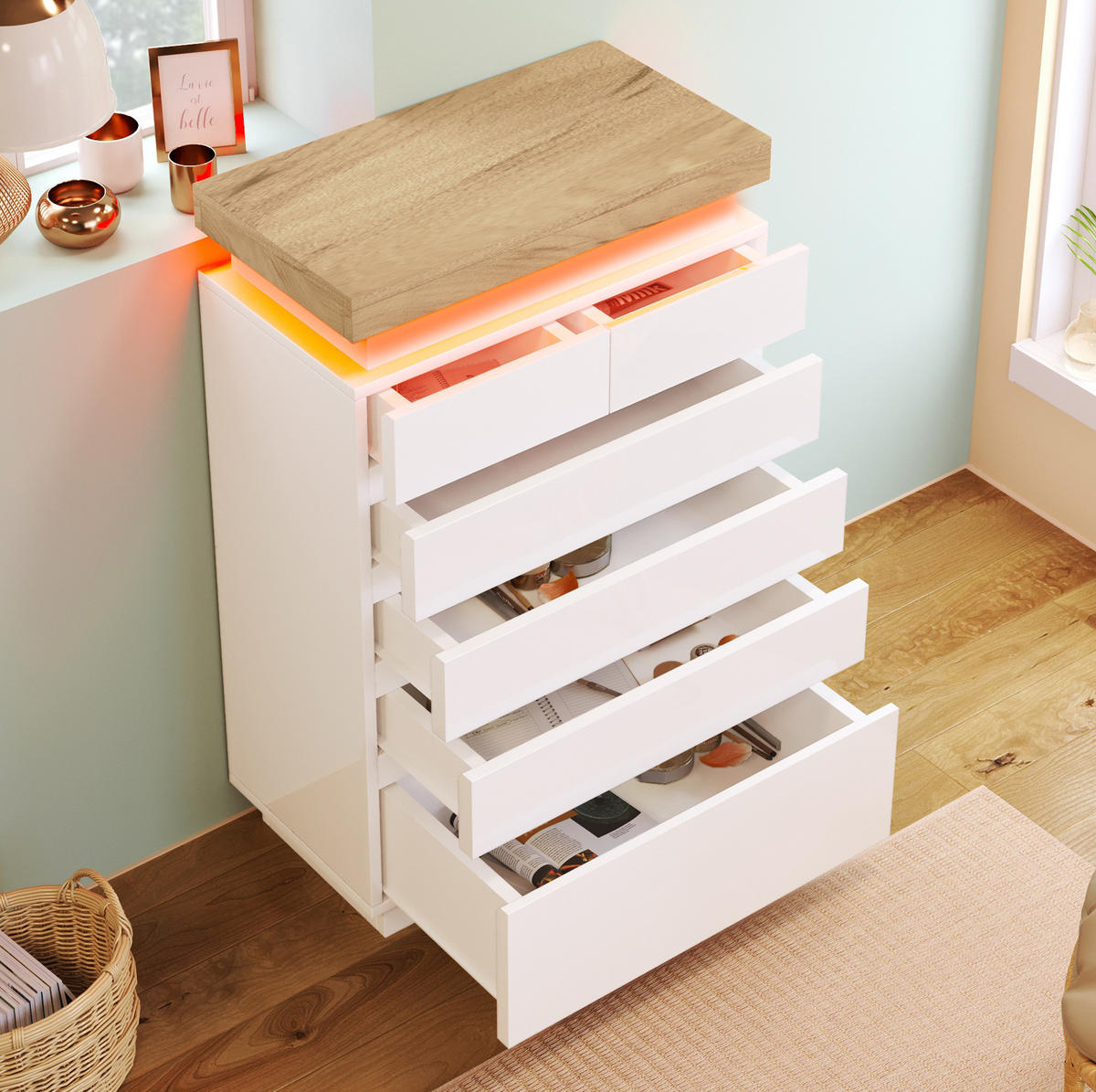 SIDEBOARD 73/39/115 cm in Weiß mit 6 Schubladen und LED-Beleuchtung - Weiß, Holzwerkstoff (73/115/39cm) - Flora Grace