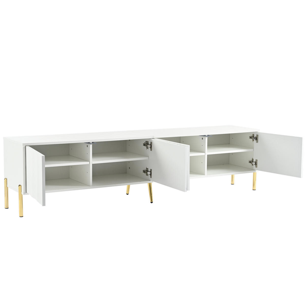TV ormarić od MDF-a i iverice 190x38x48 cm bijela s 4 vrata, tihim šarkama, reljefnim frontama i zlatnim nogama - bijela, drvni materijal (190/48/38cm) - Modfu