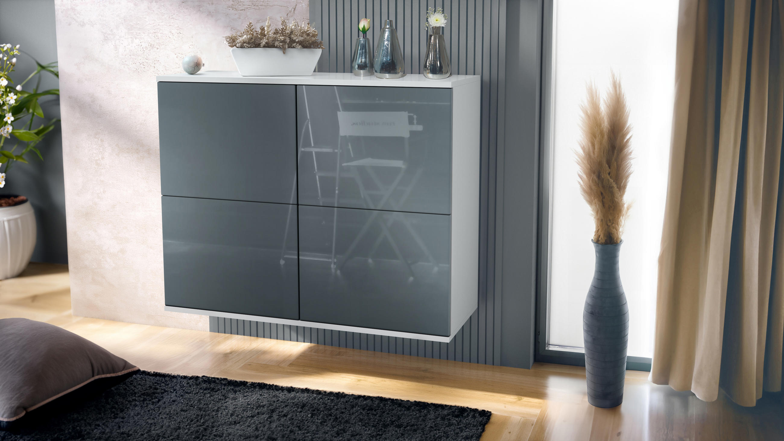 KOMMODE Rova Grau Hochglanz - Grau, Holzwerkstoff (92.5/73.5/35cm) - Vladon