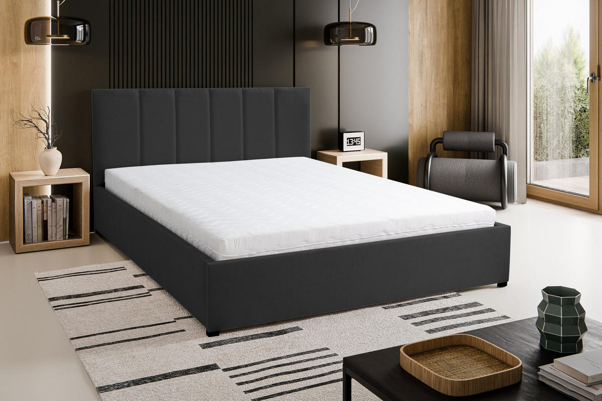 POLSTERBETT LISA mit Kopfteil, 160 x200 cm, Doppelbett mit Bettkasten und Lattenrost aus Velourstoff, Velourstoff, Frabe: Schwarz - Schwarz, Holz/Kunststoff (160/200cm) - VENASI MÖBEL