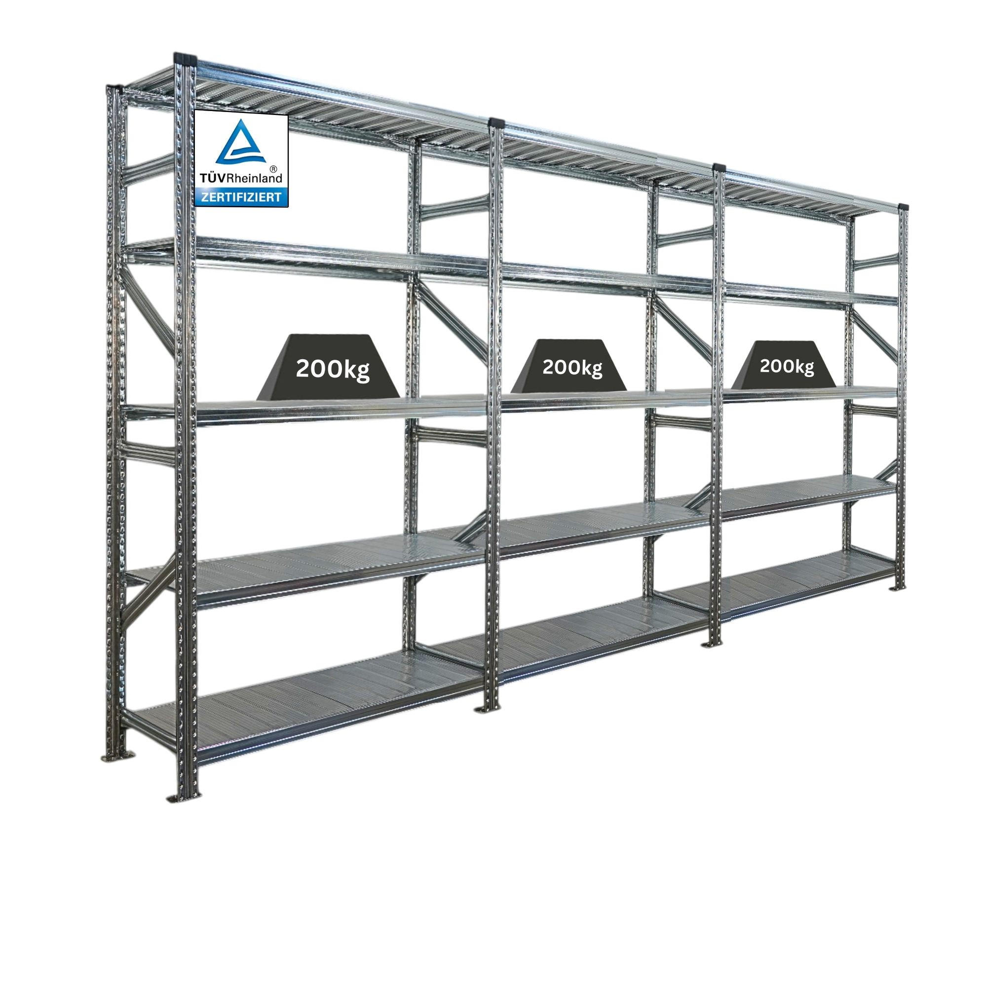 FACHBODENREGAL Proximo Stecksystem 200x360x40cm 5 Ebenen Fachlast 200 kg Beidseitig nutzbar Verzinkt - Silberfarben, Metall (360/200/40cm) - PROREGAL