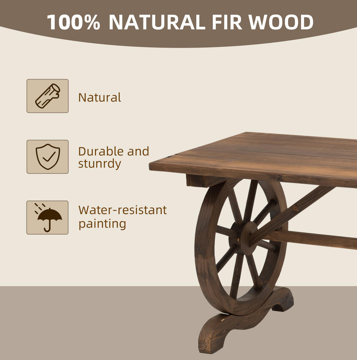 GARTENTISCH 110/60/65 cm aus massivem Tannenholz, wetterbeständig im rustikalen Räder-Design, Natur - Naturfarben, Holz (110/60/65cm) - Redom
