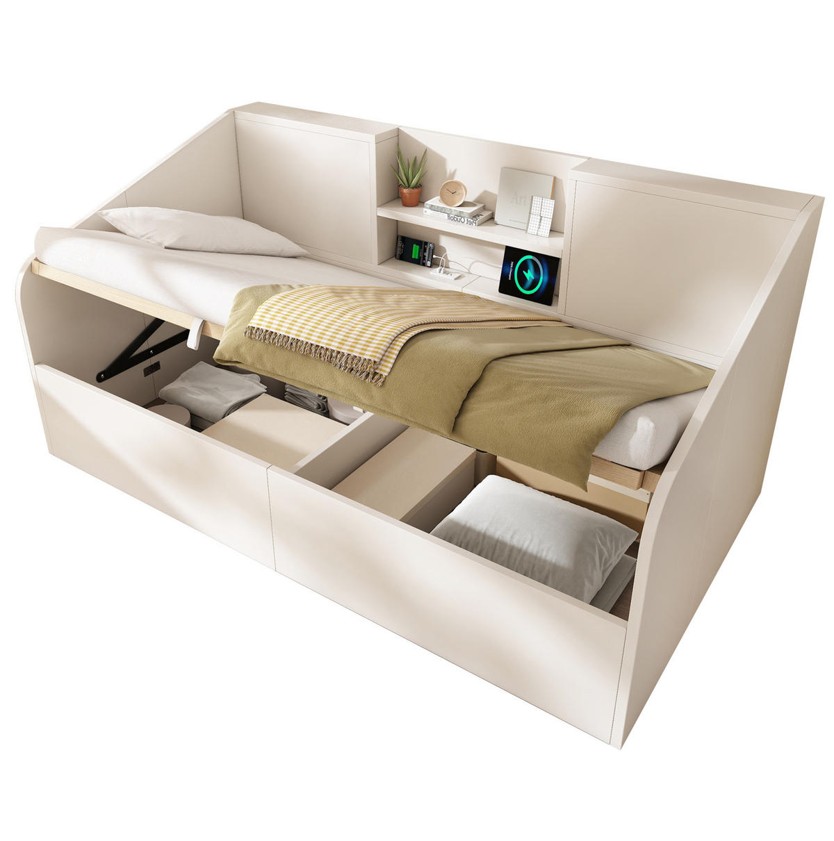 POLSTERBETT 90/190 cm in Weiß mit Stauraum und USB- und Type-C-Anschlüssen - Weiß, Holzwerkstoff (90/190cm) - Flora Grace