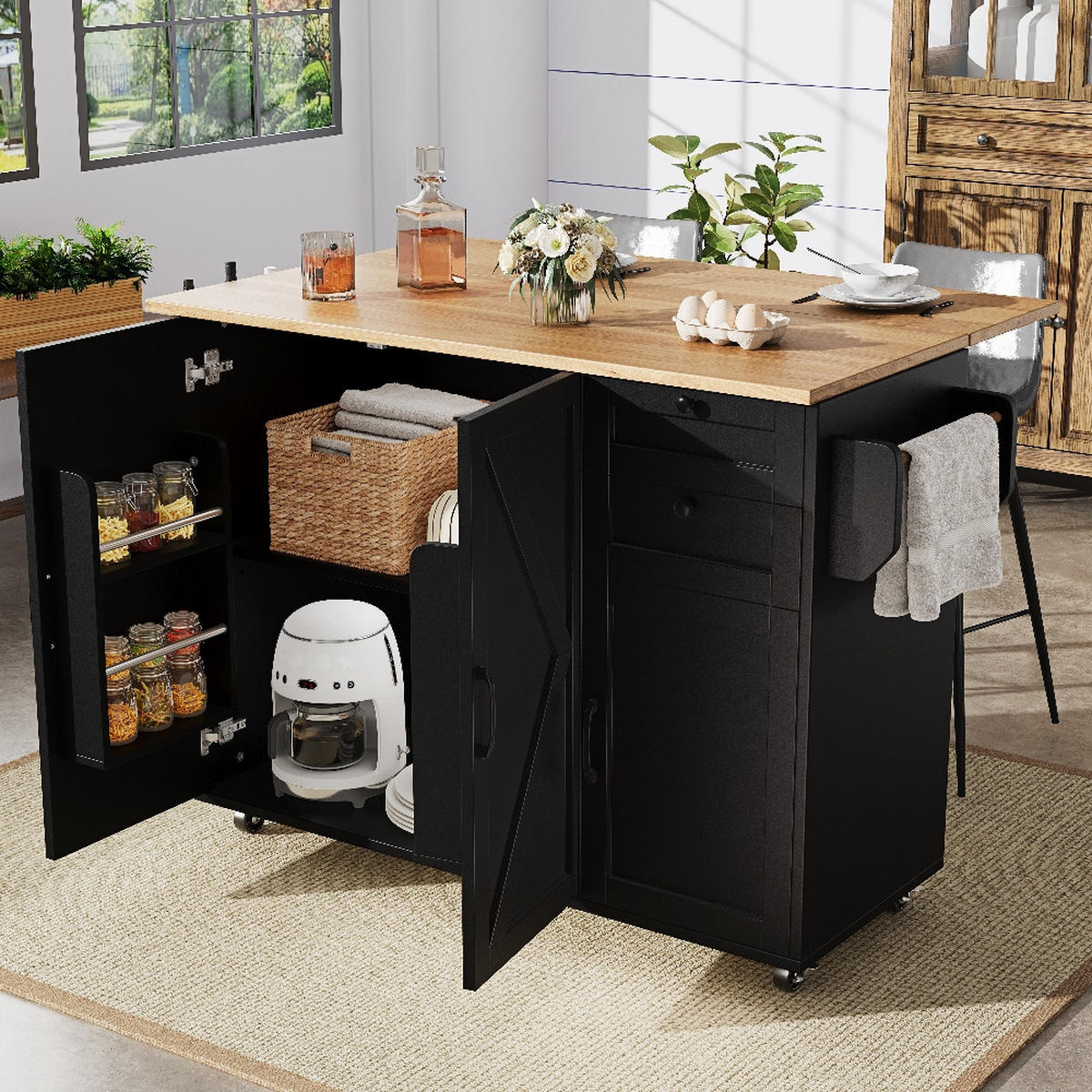 KÜCHENINSEL Klappbar, BUFFETSCHRANK mit Rollen, Holzmaserung Schwarz, 120/43,2/92 cm - Schwarz, Kunststoff (43.2/92/120cm) - Rolipo