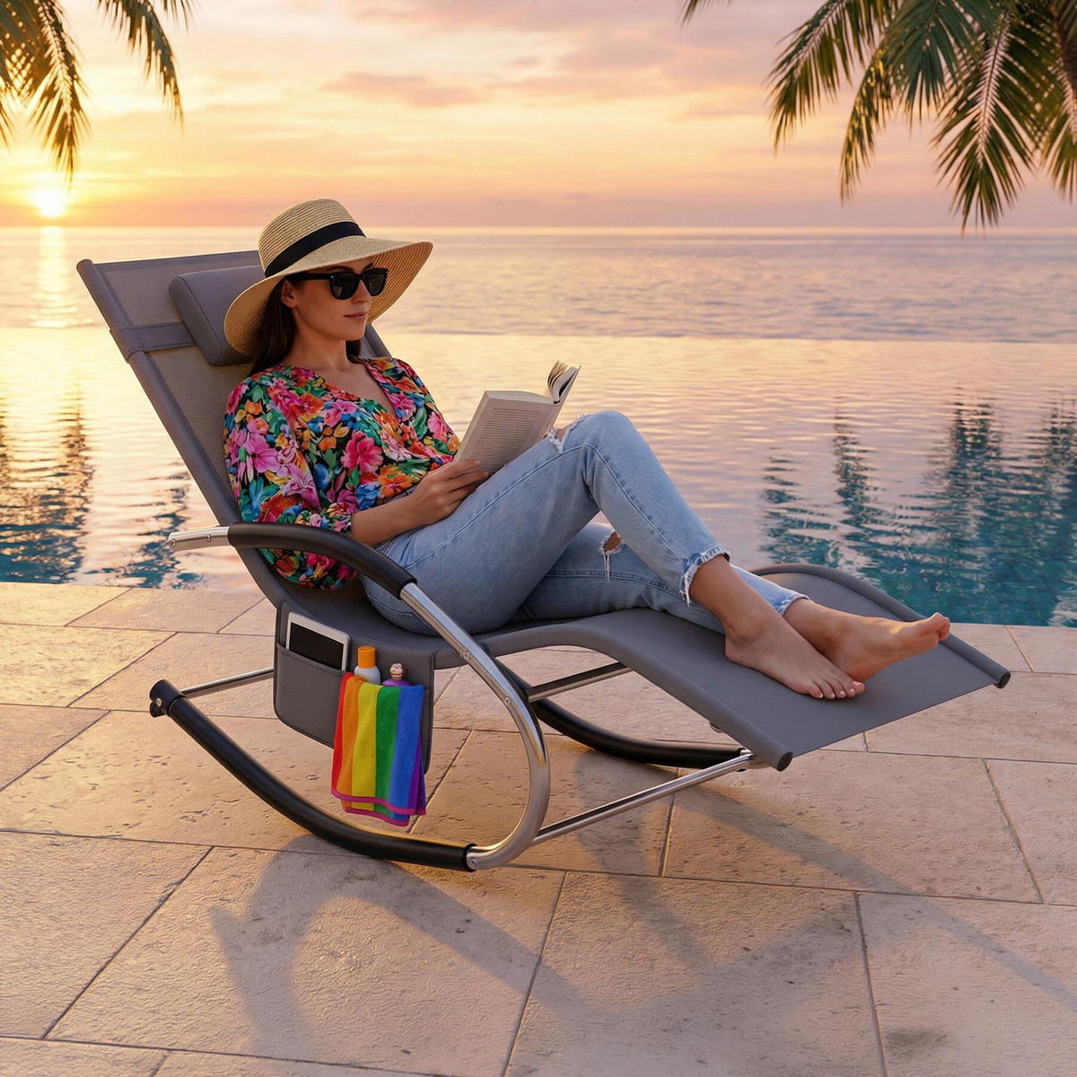 GARTENLIEGE Taya, abnehmbares Kopfpolster, seitliche Aufbewahrungstasche, grau - Grau, Kunststoff (62/92/142cm) - tectake