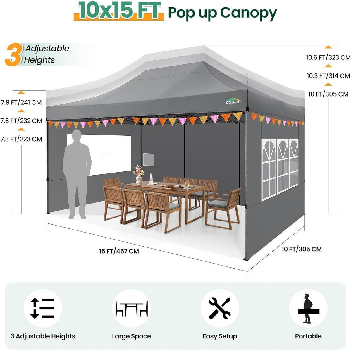 FALTPAVILLON 3x4,5m Grau mit 4 Seitenteilen Metall - Grau, Metall (300/320/450cm)