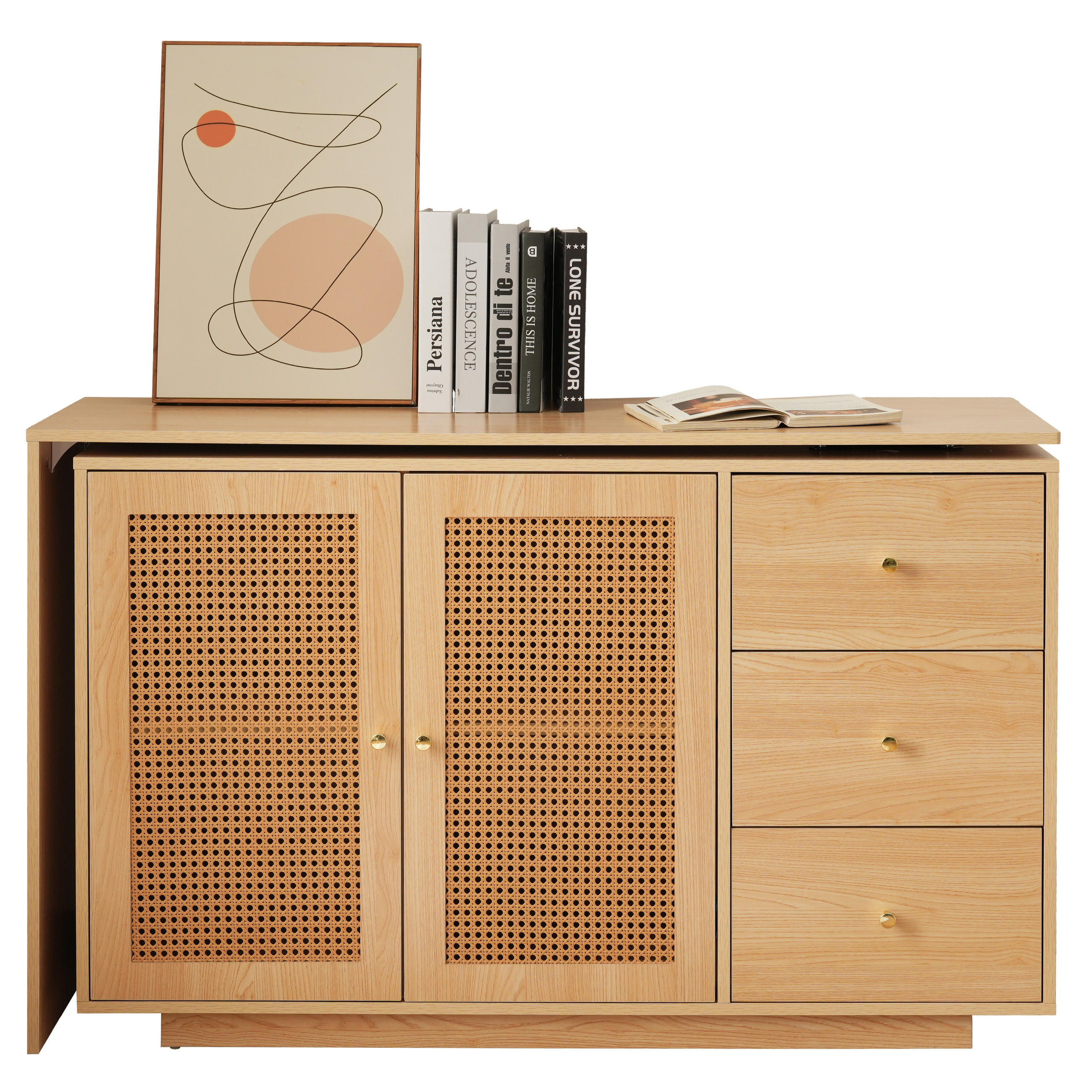 SCHREIBTISCH in Naturfarben L-förmig Eck-Computertisch mit Rattantüren Frisiertisch Büro Homeoffice B126/T40/H75cm - Naturfarben, Holzwerkstoff (40/126/75cm) - STILVORA
