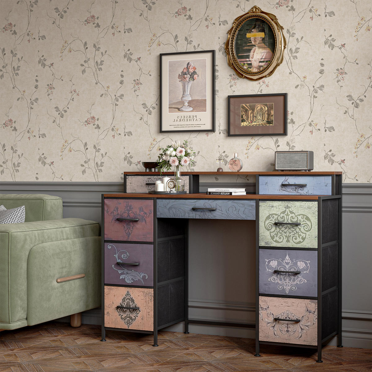 FRISIERTISCH Vintage-Kommode, Stoffschubladen, Schrank mit vier Ebenen, Schminktisch für Schlafzimmer, Beistelltisch für Wohnzimmer - Multicolor, Holz (40/91.2/121cm) - WoodenAura