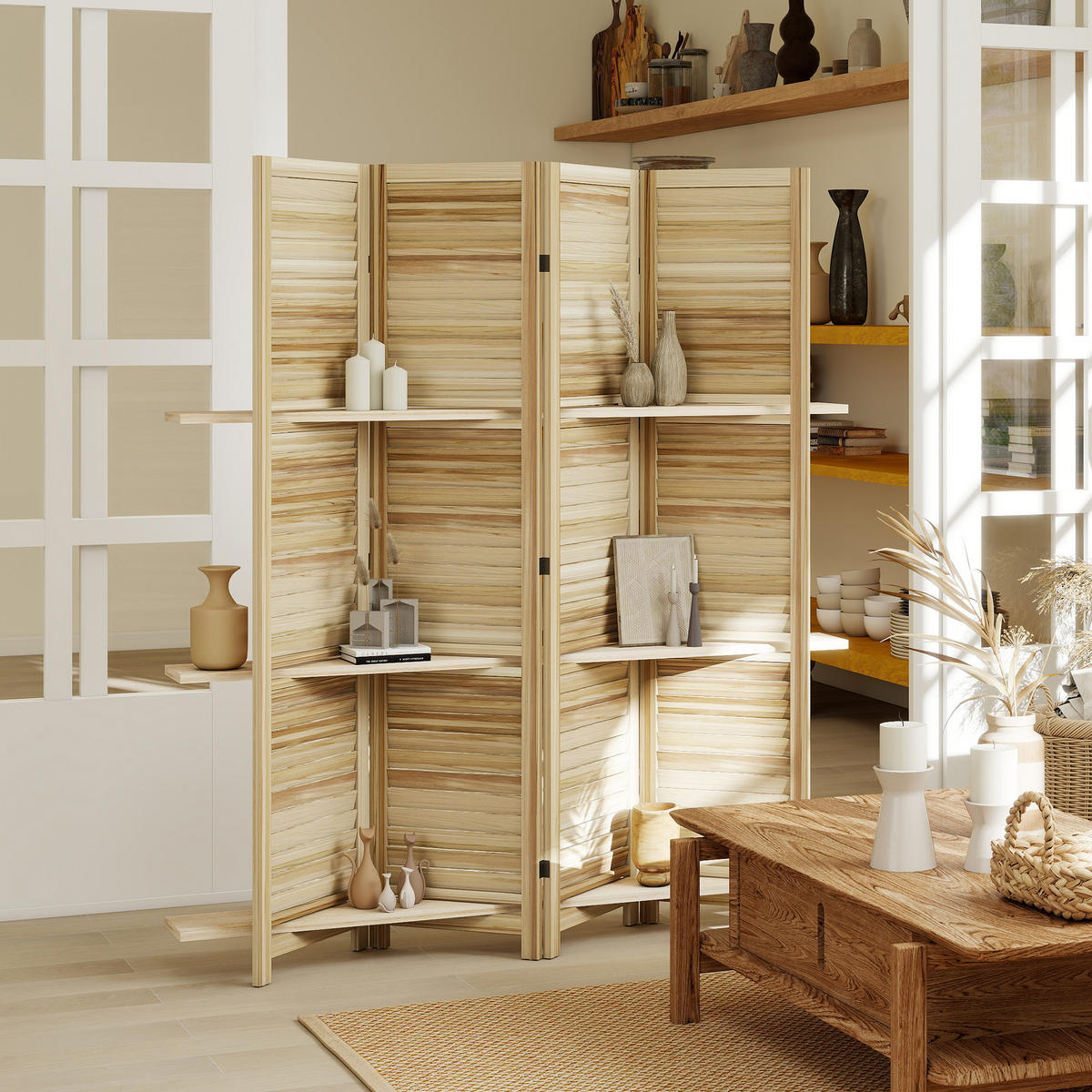 PARAVENT DE-14318 4 Paneele, 3 Regalböden, Lamellen Naturholz - Naturfarben, Holz (160/170/1.9cm) - ComfortXL