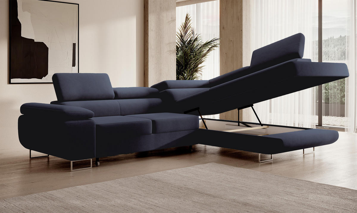 ECKSOFA Stevil Dunkelblau Velours - Silberfarben/Dunkelblau, Textil/Metall (275/203cm) - Selsey