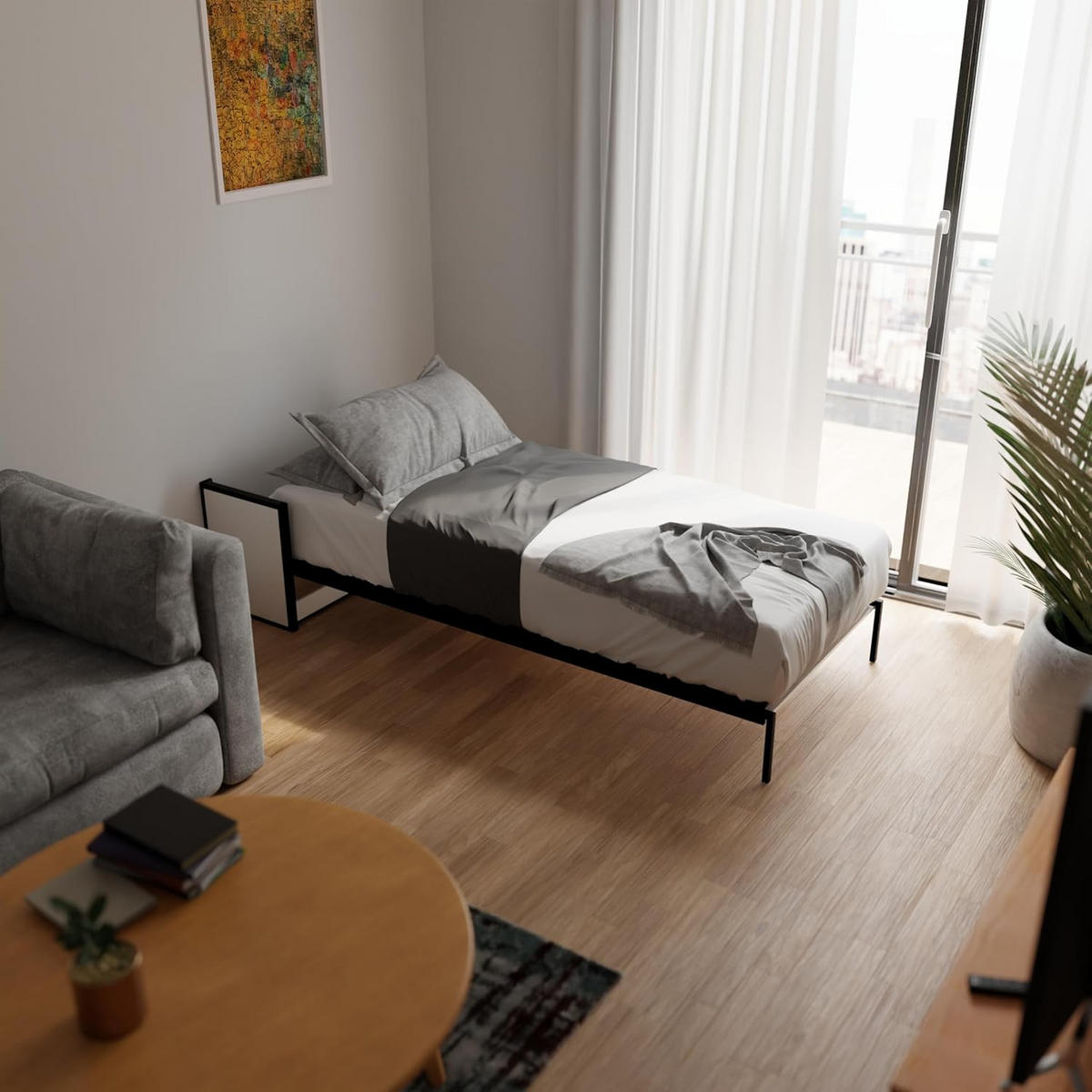 WANDBETT Murphy Studio 160x200 Vertikal, mit Gasdruckfeder-Mechanismus - Brombeere/Graphitfarben, Holzwerkstoff/Metall (160/200cm) - WallBedKing