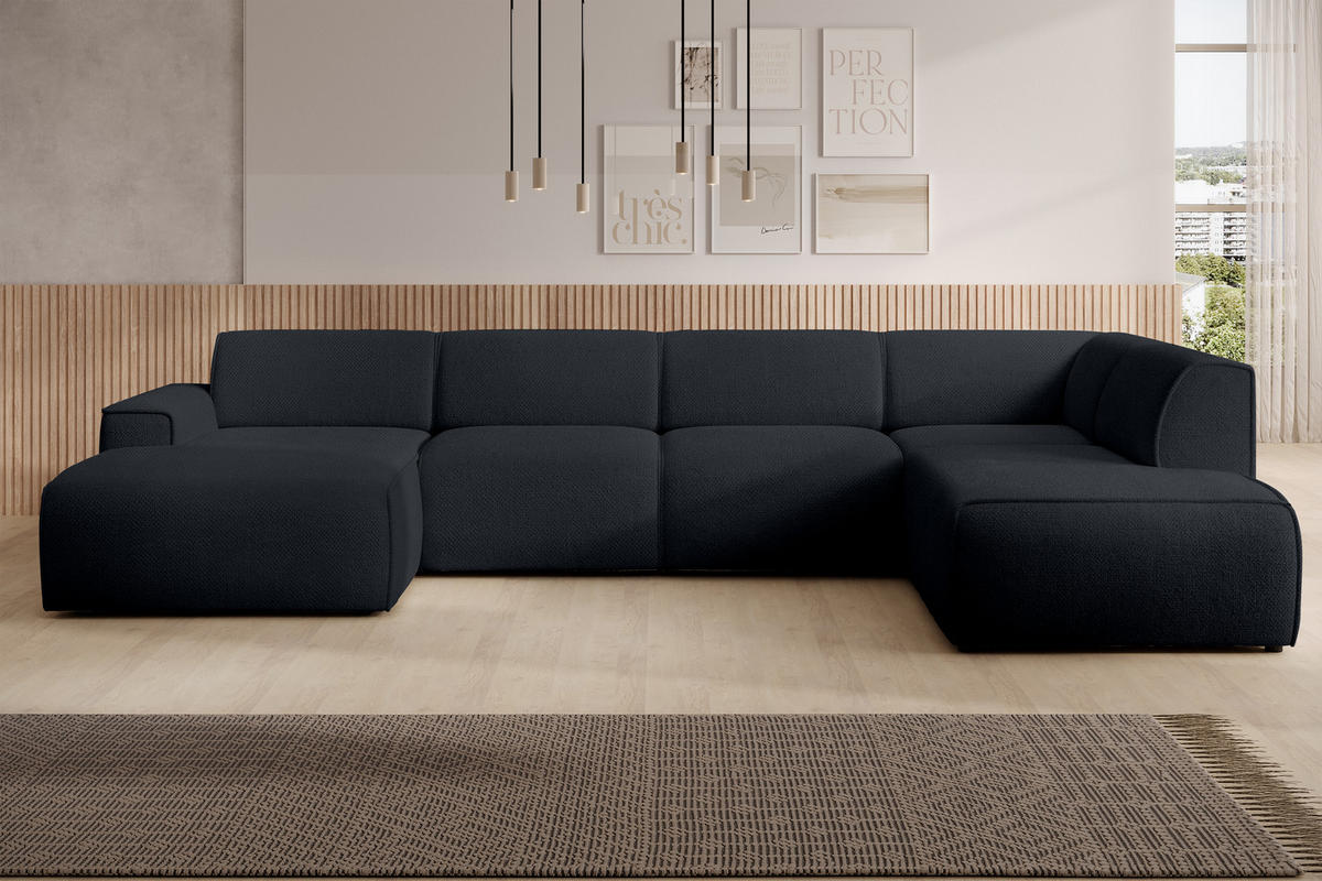 WOHNLANDSCHAFT Didim Schwarz 378/220/78 cm – großes Sofa stilvoll & bequem R - Schwarz, Kunststoff/Textil (378/78/220cm) - AX Living