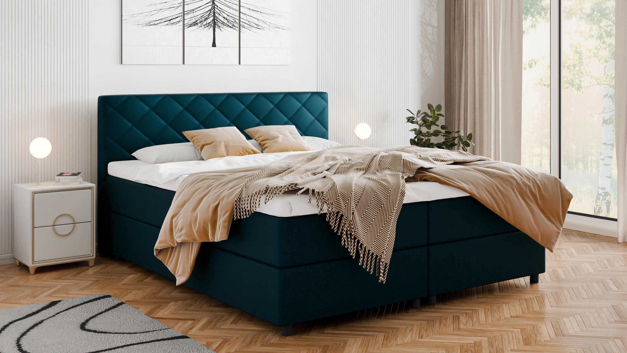 BOXBETT Diamaro 180x200 cm mit Bettkasten und Topper - Dunkeltürkis - Türkis, Holz (180/200cm) - Panda Möbel