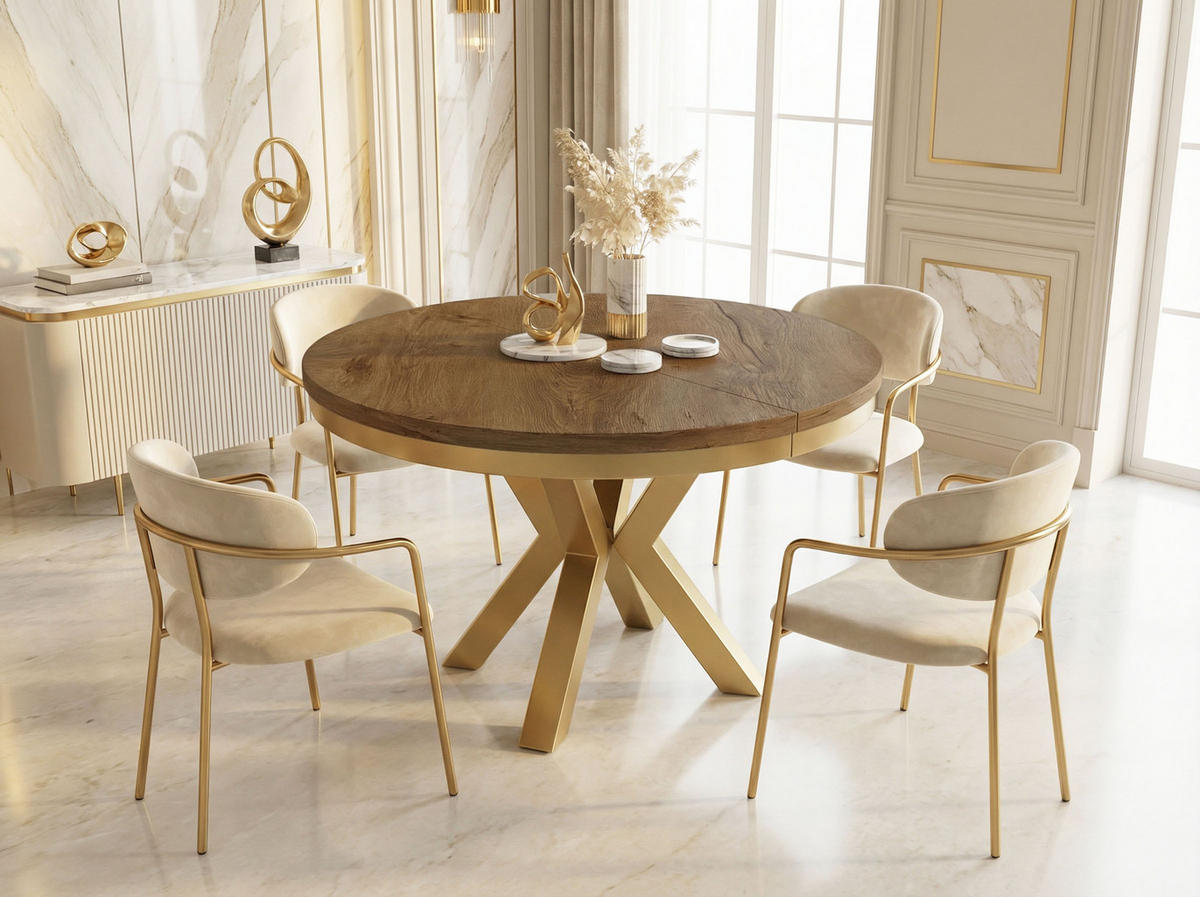 ESSTISCH Clara Gold runder ausziehbarer, Lefkas Eiche 120-200/120/76 cm - Alteiche/Goldfarben, Holzwerkstoff/Metall (120/120/76cm) - WFL GROUP