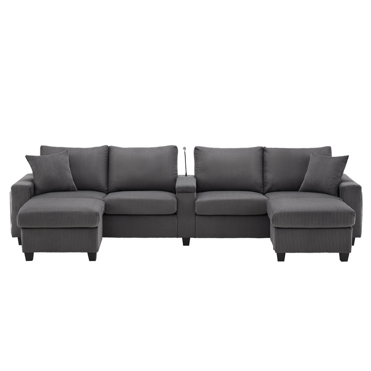 SOFA in U-Form mit 2 Hockern Grau Cord 334 cm - Grau, Holz (128.5/81/334cm) - Meubliv