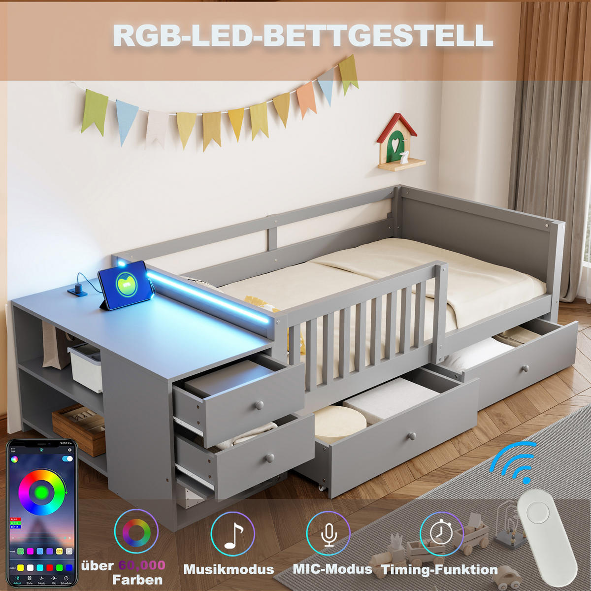 KINDERBETT 90/200 cm in Grau mit Stauraum, Schubladen, Regalen, LED, Steckdose und Sicherheitsgitter - Grau, Holzwerkstoff (90/200cm) - STILVORA