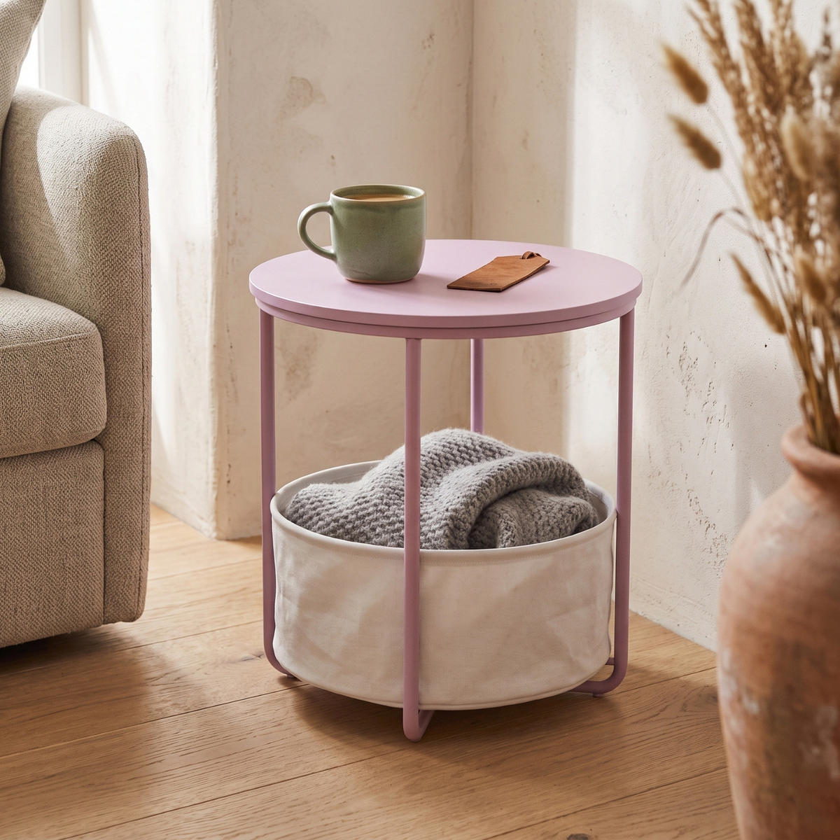 BEISTELLTISCH mit Korb rund Rosa 45/45/50 cm - Rosa, Metall (45/45/50cm) - SCENA LIVING