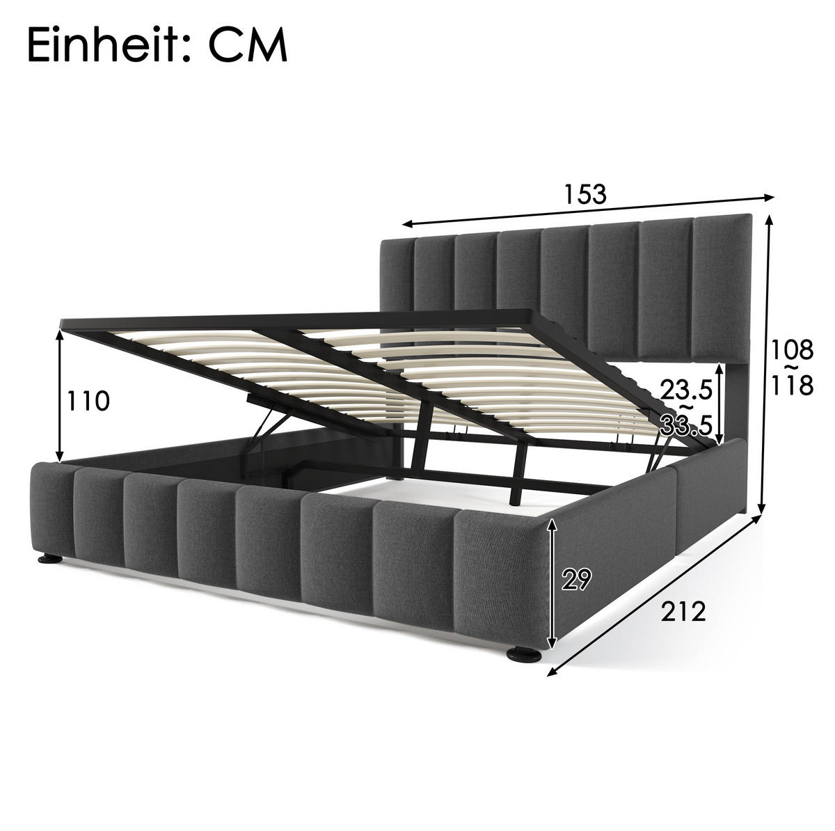 POLSTERBETT aus Leinen 140x200 cm Grau mit hydraulischem Bettkasten, verstellbarem Kopfteil und Matratze - Grau, Textil (140/200cm) - IVMEU