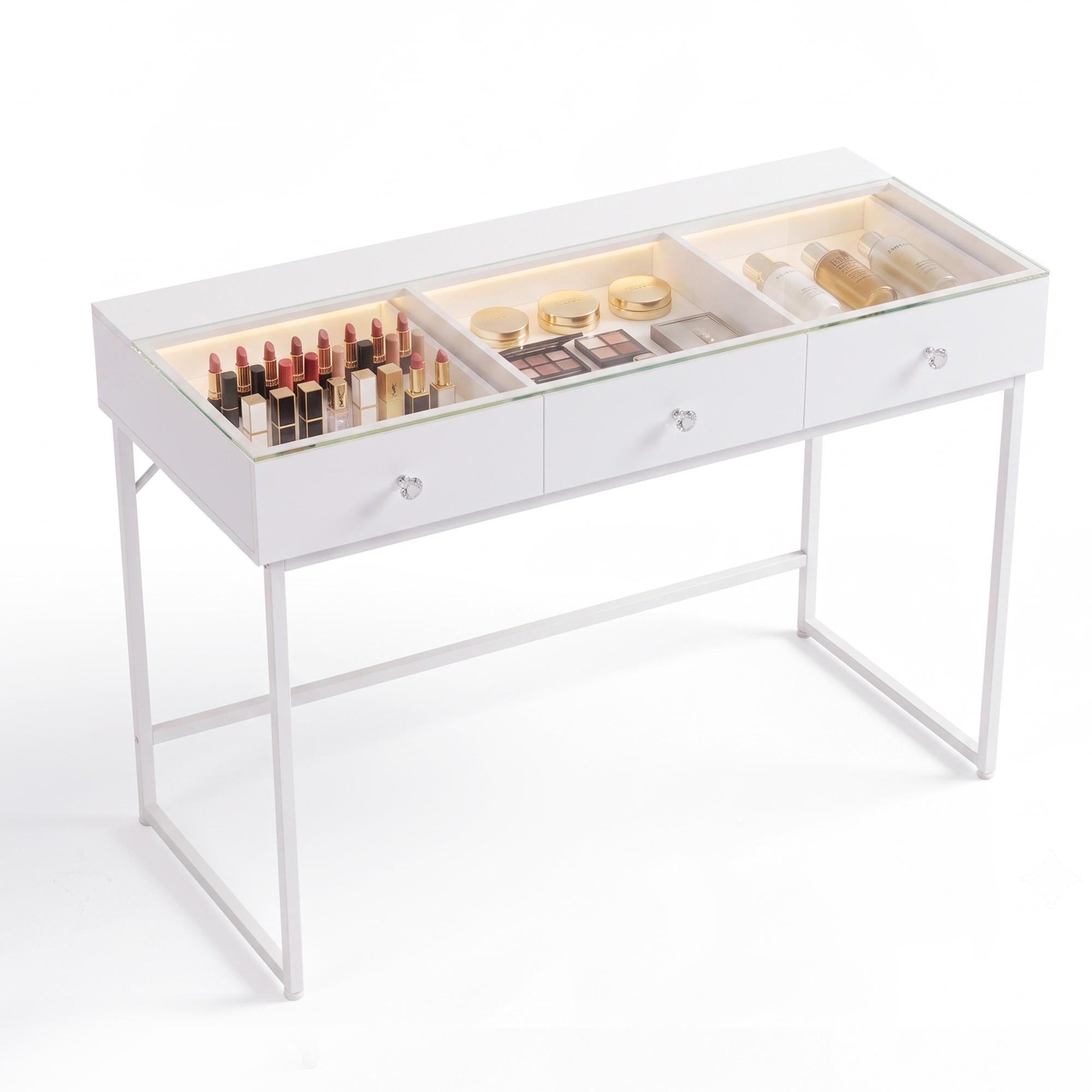 SCHMINKTISCH mit Beleuchtung weiß 115/55/81 CM 3 Schubladen - Weiß, Glas/Holz (115/55/81cm) - VANITII