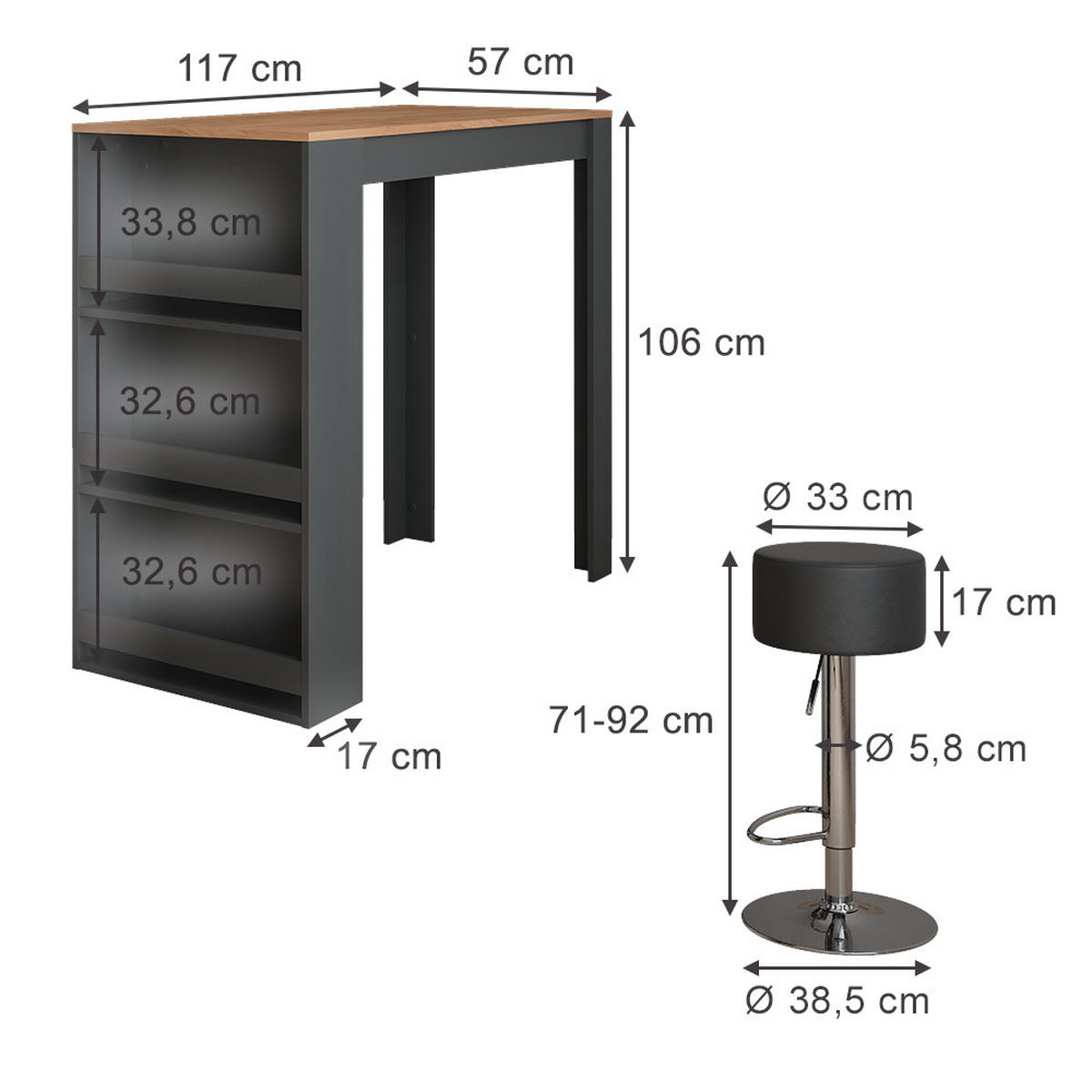 STOJACÍ BAROVÝ STŮL SE ŽIDLEMI Repose Antracit - medově dubová/antracitová, kompozitní dřevo (117/57/106cm) - Vicco