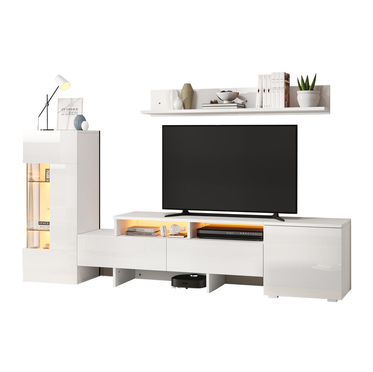 WOHNWAND aus Spanplatte 3-teilig 170x35x45/40x31,5x100/120x12x18 cm Weiß mit LED, Hochglanz und Soft-Close - Weiß, Holzwerkstoff (170/45/35cm) - Modfu