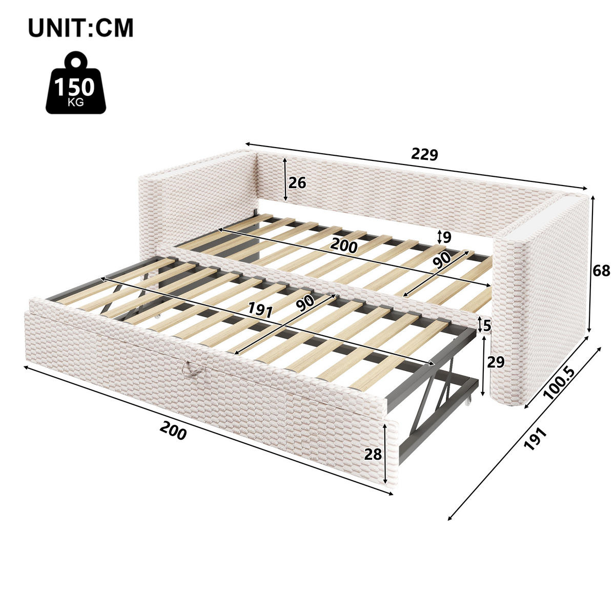 AUSZIEHBETT 90/200 cm Beige mit LED-Beleuchtung aus Samt klappbar zum Doppelbett 180/200 cm - Beige, Textil (90/200cm) - OKWISH