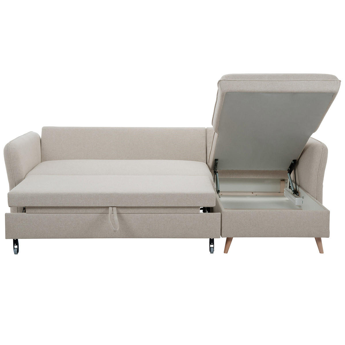 SCHLAF-ECKSOFA Stauraum 3/4-Sitzer Ozeanblauer Stoff Helles Holz DRISS - Beige, Textil (159.5/241cm) - Miliboo