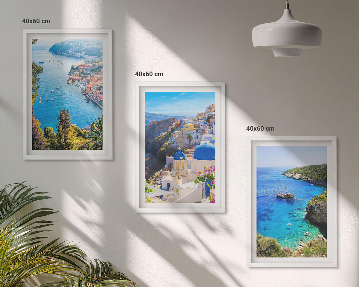 WANDBILDER 3er-Set - 40x60 cm Weißer Rahmen - Griechische Ansichten von Santorin Oia - Weiß, Kunststoff (40/60cm) - ArtPrintCave