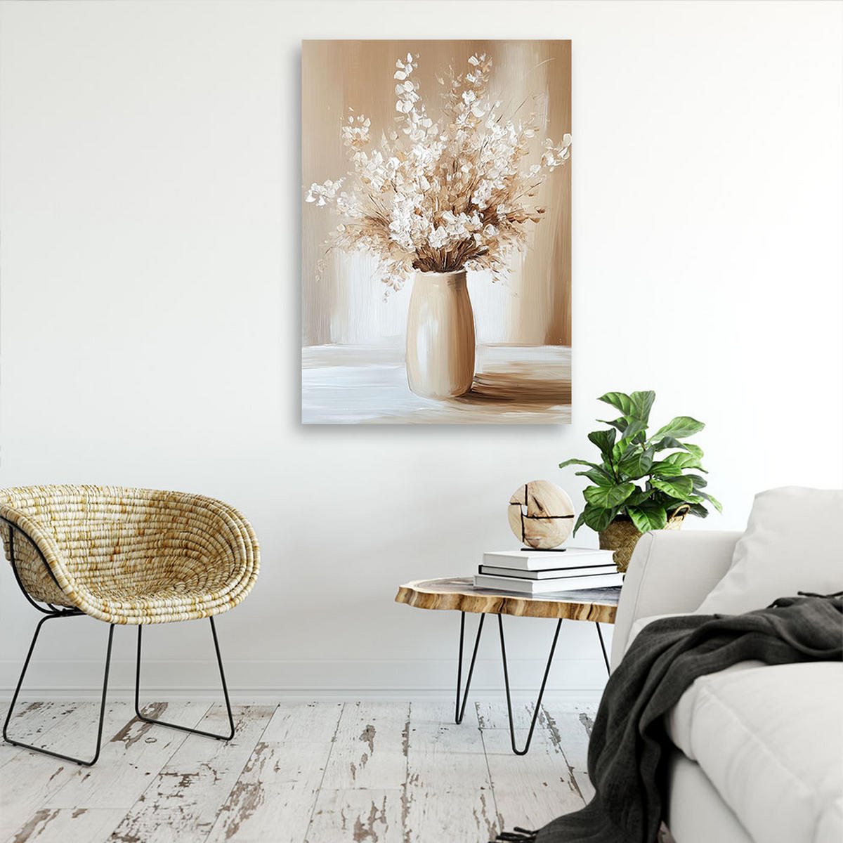 LEINWANDBILD Beiger Blumenstrauß in einer Vase 60x90cm - Beige, Textil (60/90cm) - Feeby