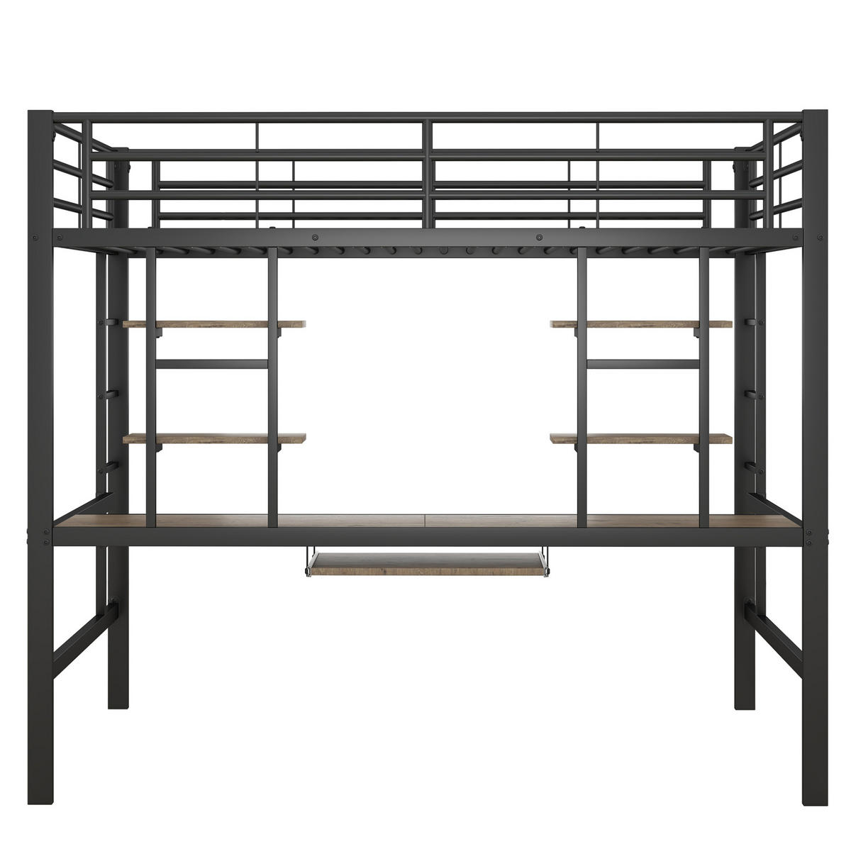 HOCHBETT 140/200 cm mit Schreibtisch, 2 Regalen und Tastaturablage, platzsparendes Metallgestell, Schwarz - Schwarz, Metall (140/200cm) - Redom