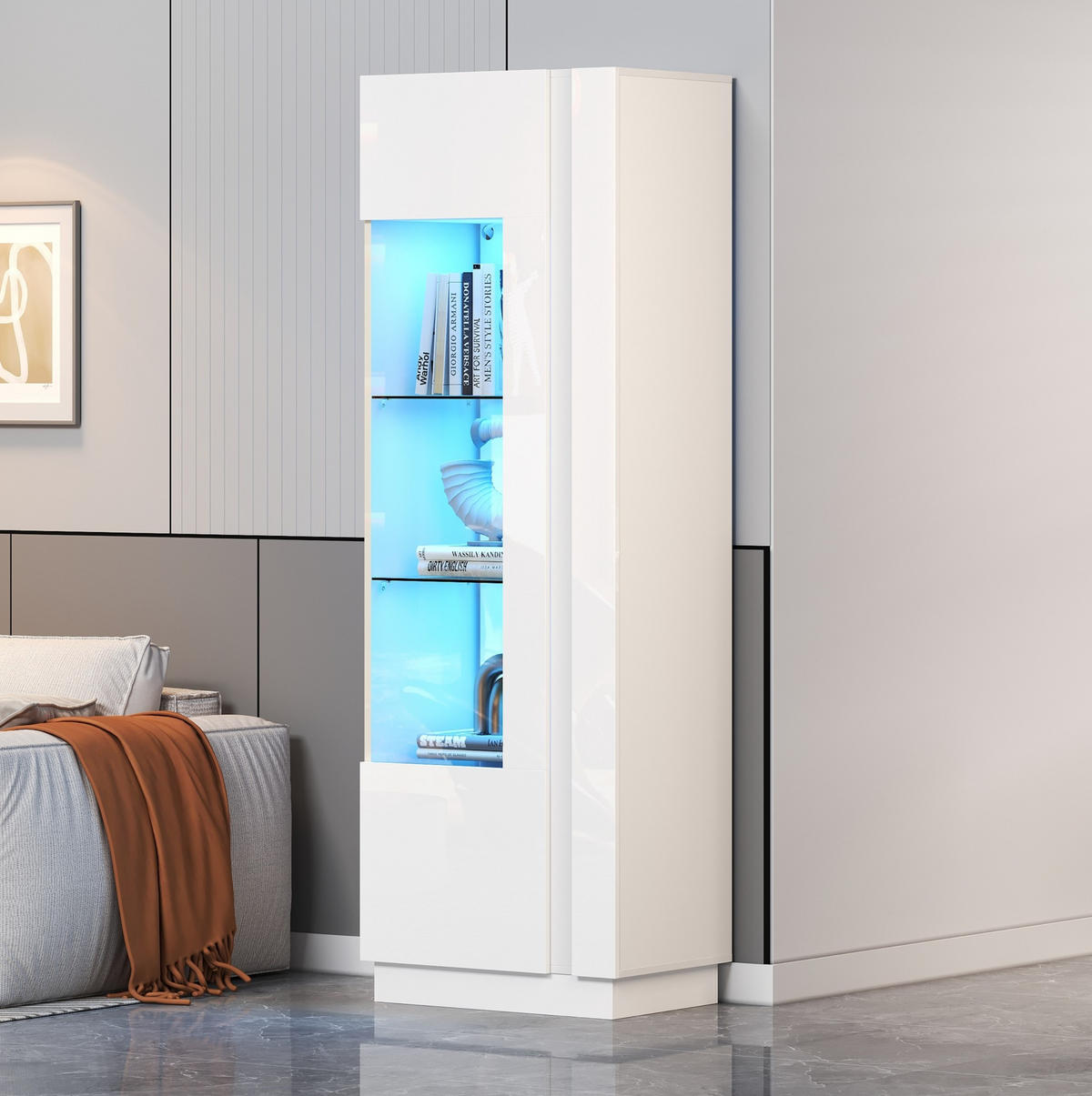VITRINE 60/40/180 cm aus Holzwerkstoff mit Acrylfront, LED-Beleuchtung und Hochglanzfront Weiß - Weiß, Holzwerkstoff (60/180/40cm) - Modenvie