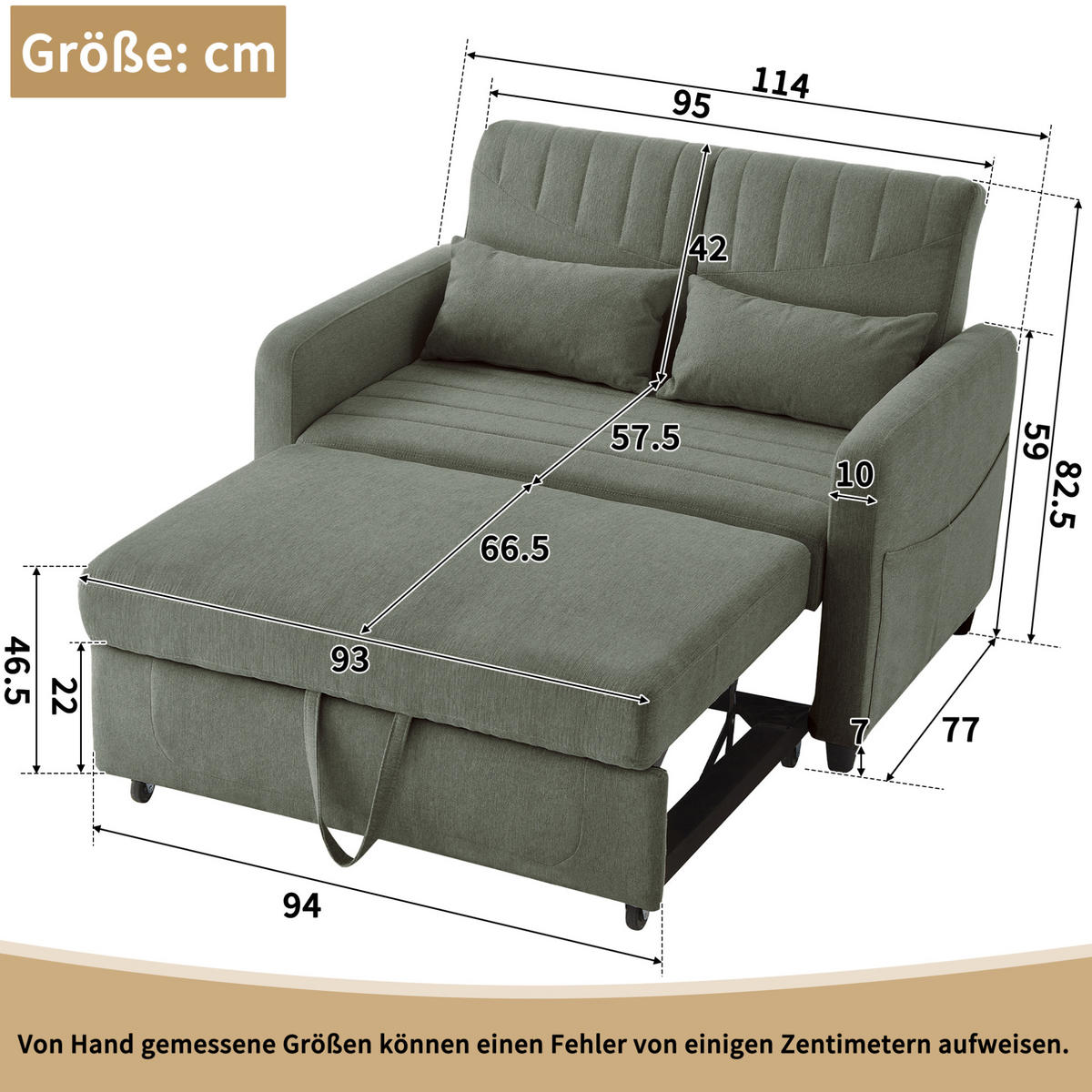 SOFABETT Baumwoll-Leinen mit ausziehbarer Schlaffunktion Olivgrün 114/77/82,5 cm - Olivgrün, Textil (77/82.5/114cm) - Redom