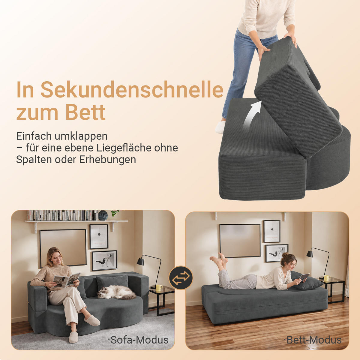 SOFA ausziehbar FST101-DG - Dunkelgrau/Ahornfarben, Fell/Textil (177/32/107cm) - SoBuy