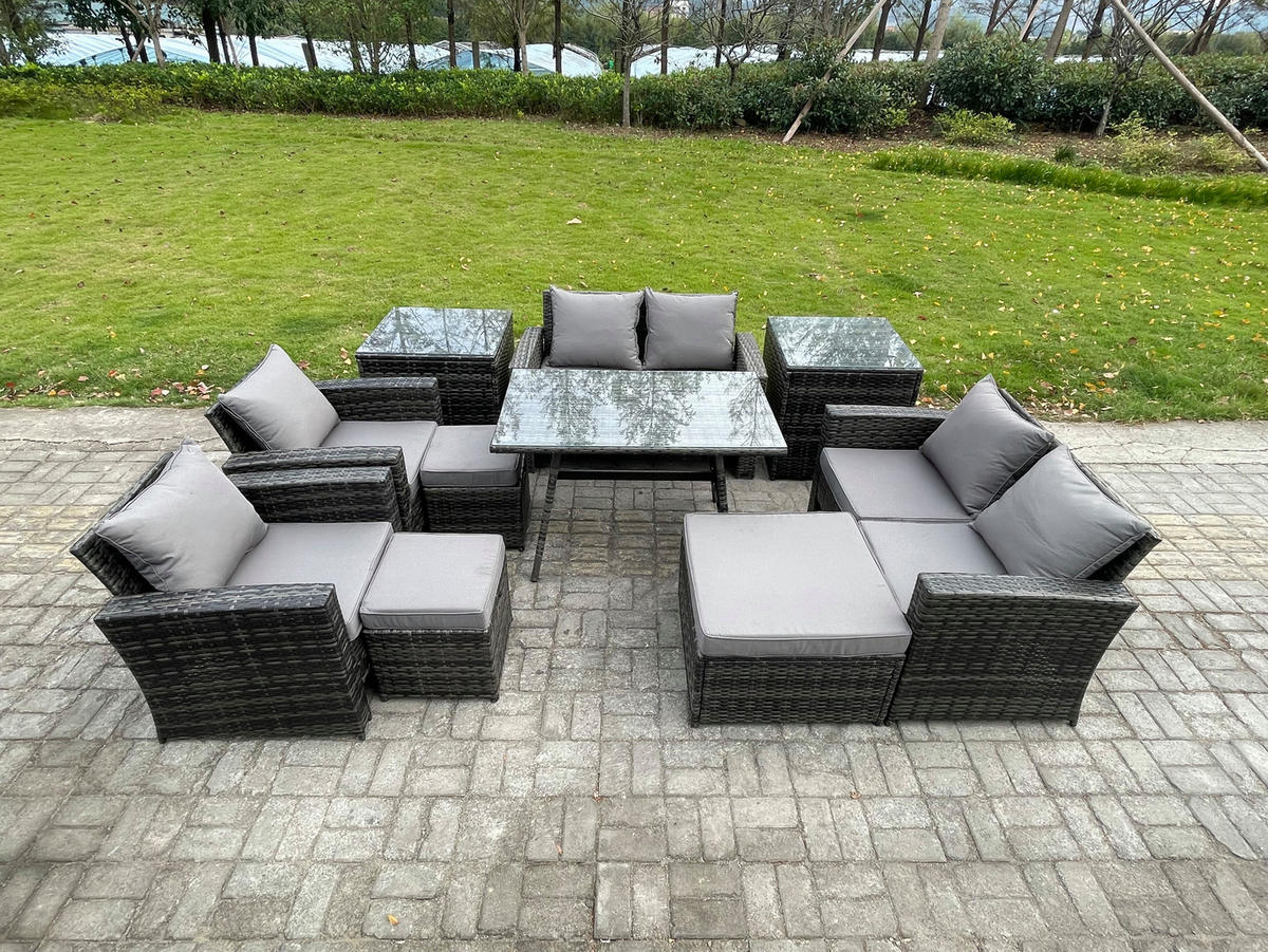 GARTENMÖBELSET mit ESSTISCH,HOCHLEHNER-SOFA Polyrattan Dunkelgrauer Mix 9-Sitzer - Dunkelgrau/Grau, Glas/Kunststoff - Fimous