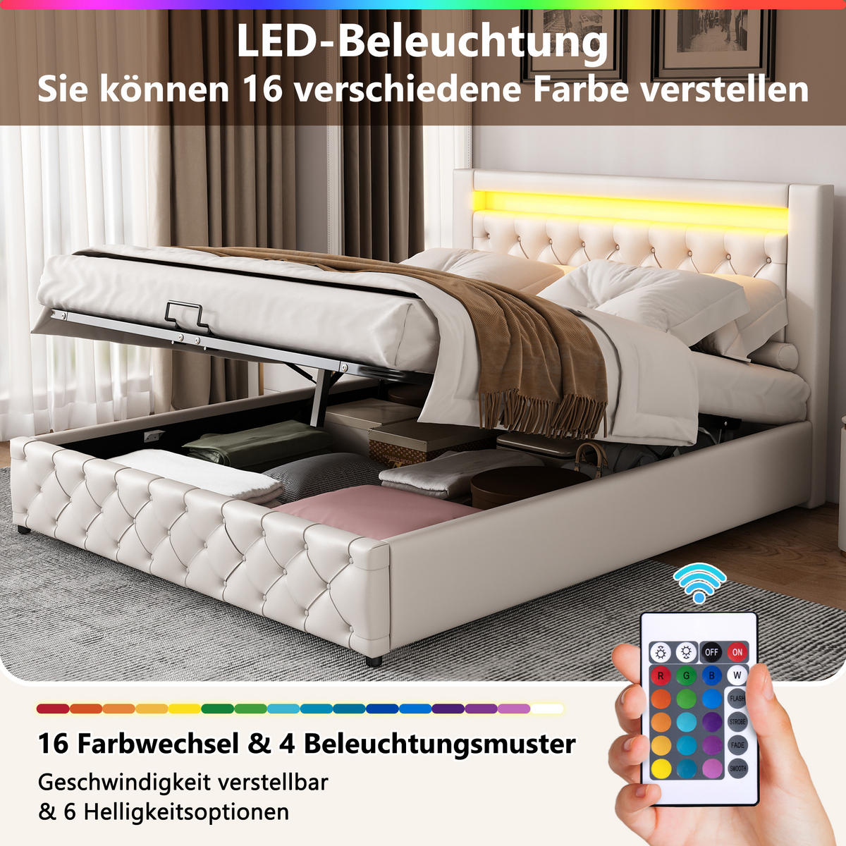 POLSTERBETT 140x200 LED Lattenrost Stauraum PU Weiß - Weiß, Leder - FLIEKS