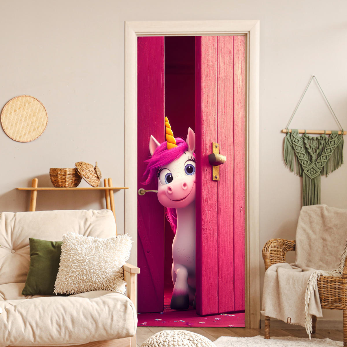 FOTOTAPETE Tür - Einhorn - Rosa - Tür - Fantasie 95x235 cm - Pink, Kunststoff (95/0.1cm) - MuchoWow