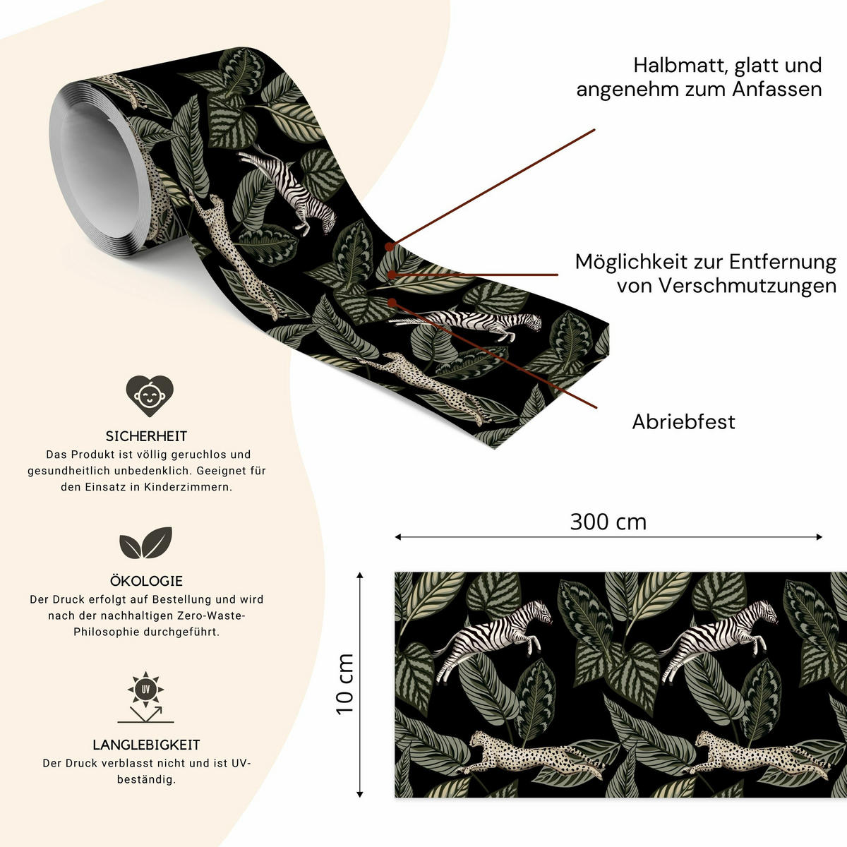 TAPETENBORDÜRE selbstklebend wilde TIERE Tropische Blätter Pflanzen - Beige/Schwarz, Papier (10/300/300cm) - Muralo