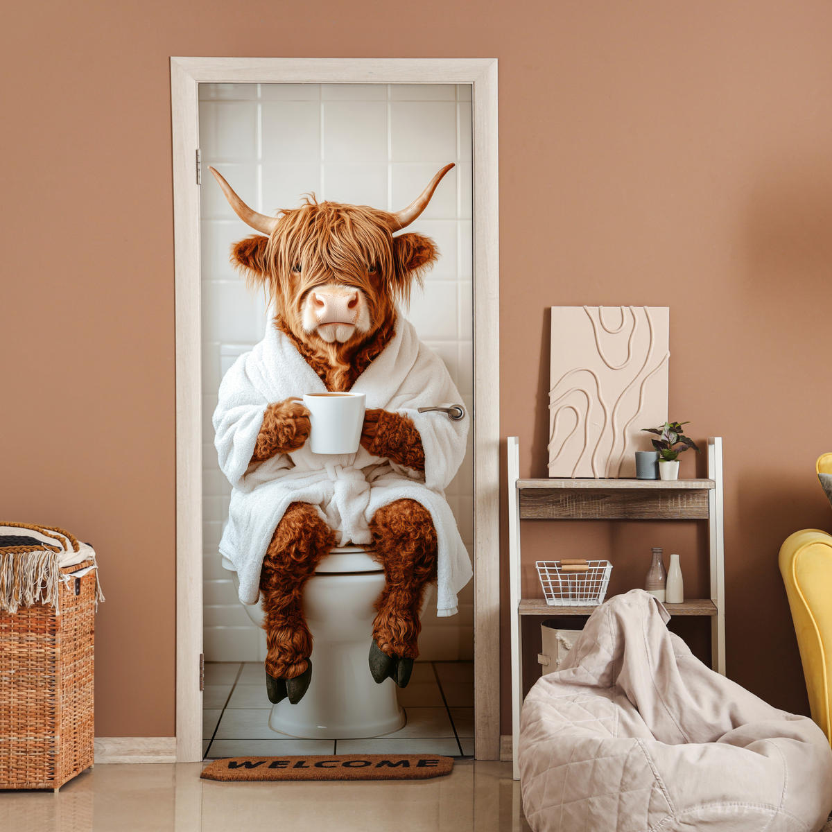 FOTOTAPETE Tür - Schottisches Hochlandrind - WC - Bademantel - Modern - Tiere 90x205 cm - Kastanienfarben, Kunststoff (90/0.1cm) - MuchoWow