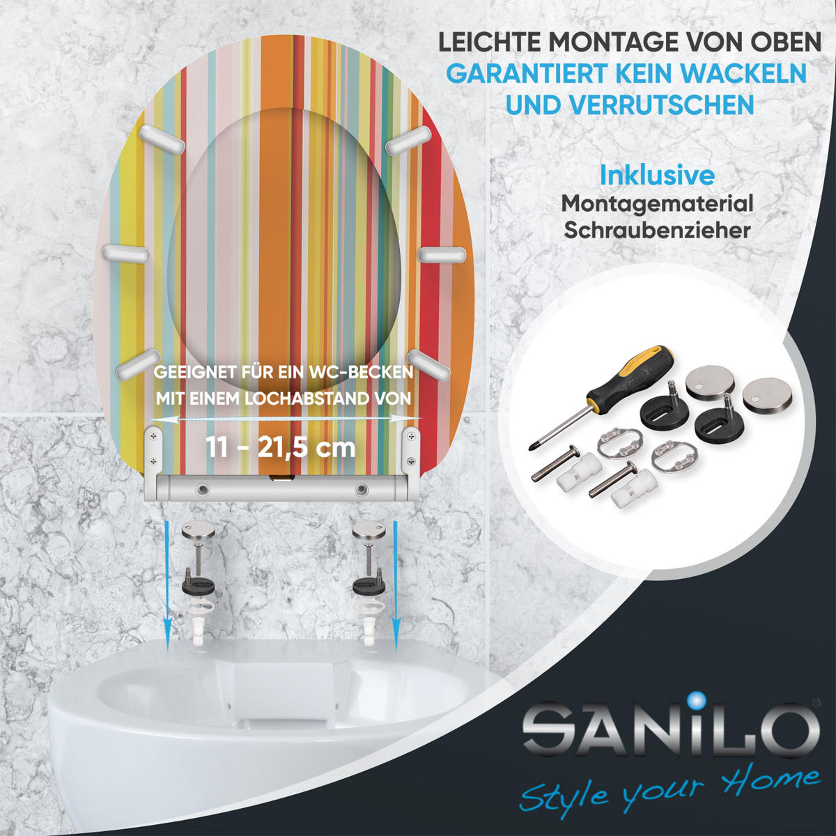 WC-SITZ mit Absenkautomatik & Top Fix Starstripes - Multicolor, Holzwerkstoff (37.7/5.5/48cm) - Sanilo