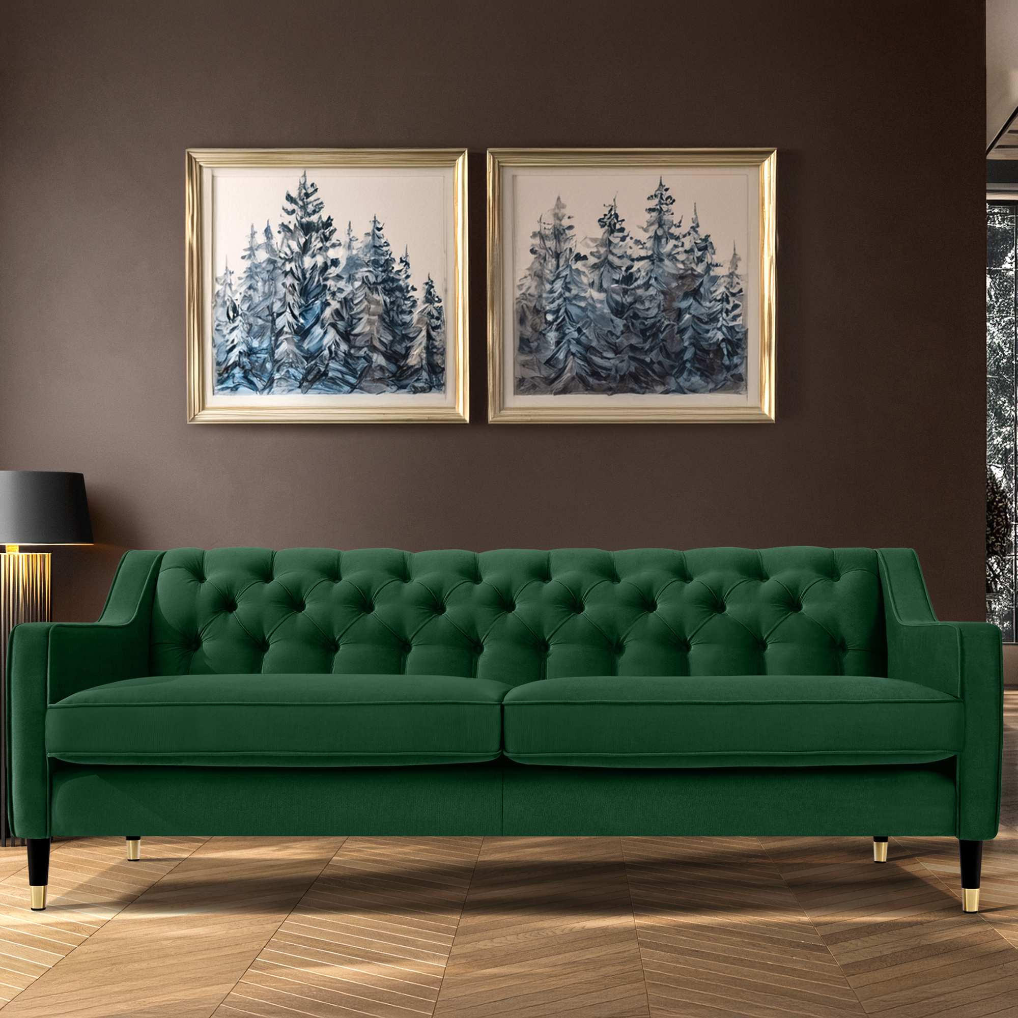 3-SITZER-SOFA NOMUS 3-Sitzer Velours, gesteppt, Dunkelgrün - Wengefarben/Dunkelgrün, Holz/Holzwerkstoff (192/78/80cm) - KONSIMO®