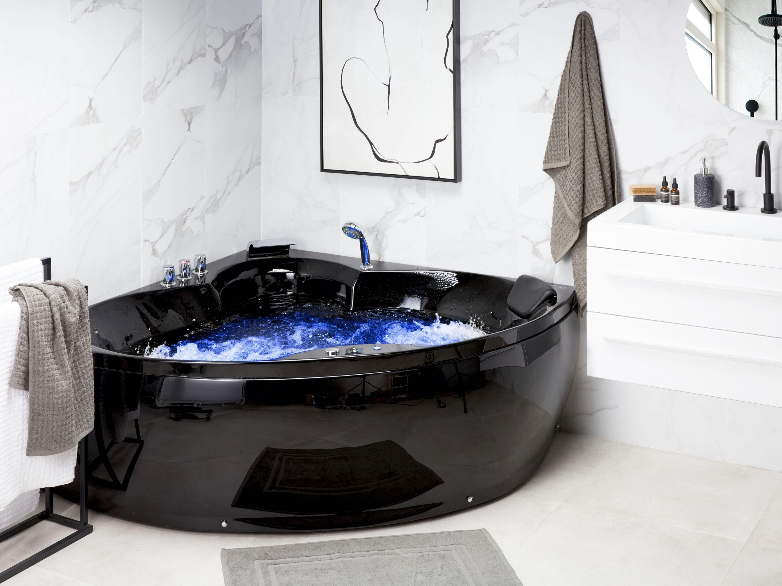 WHIRLPOOL-BADEWANNE mit LED 150x205x56 cm schwarz Senado - Schwarz, Kunststoff (150/56/205cm) - Beliani