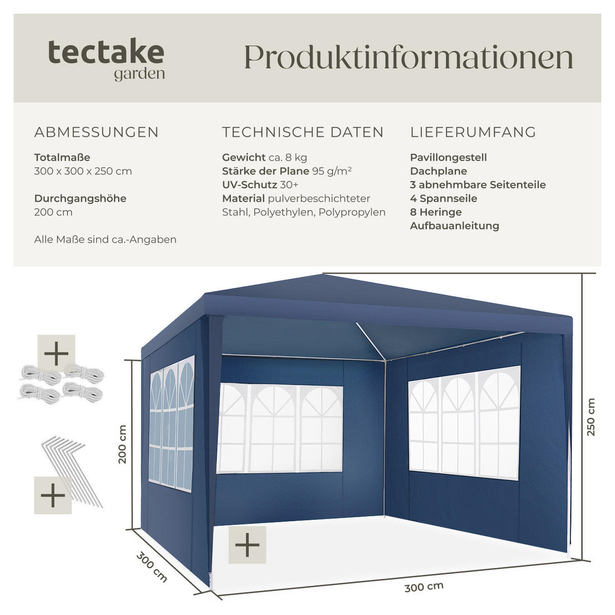 PAVILLON Barinas,wasserdicht,blau - Blau, Kunststoff (300/250/300cm) - tectake